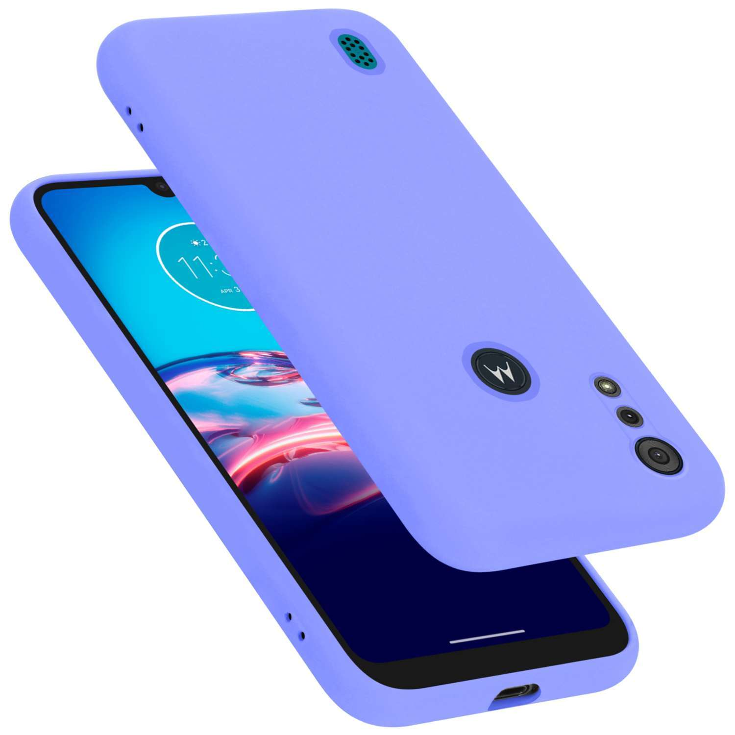 Custodia viola con telefono dentro, vista angolata, su sfondo bianco.