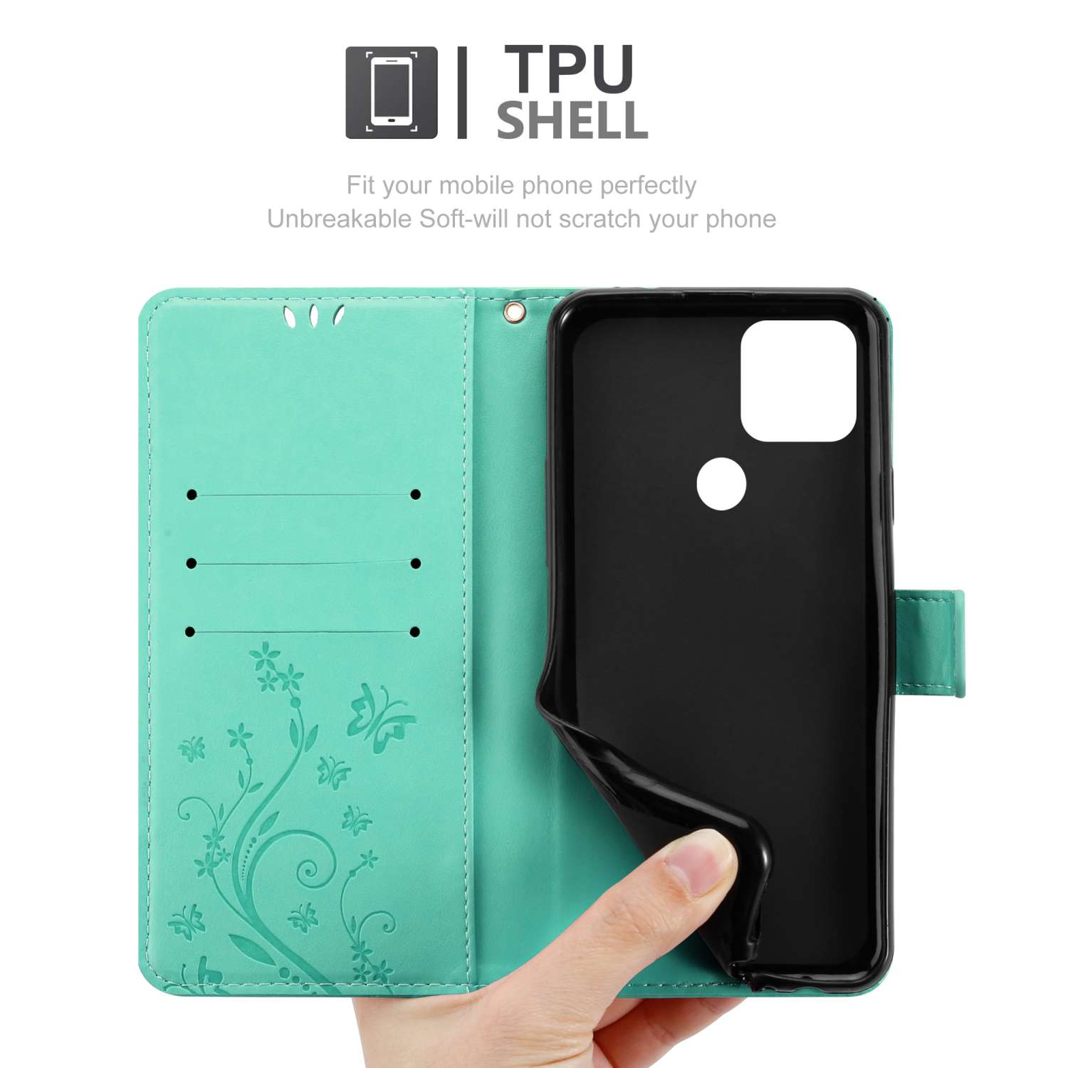 Custodia per telefono aperta, colore turchese, con una mano che inserisce il telefono. La custodia è in TPU.