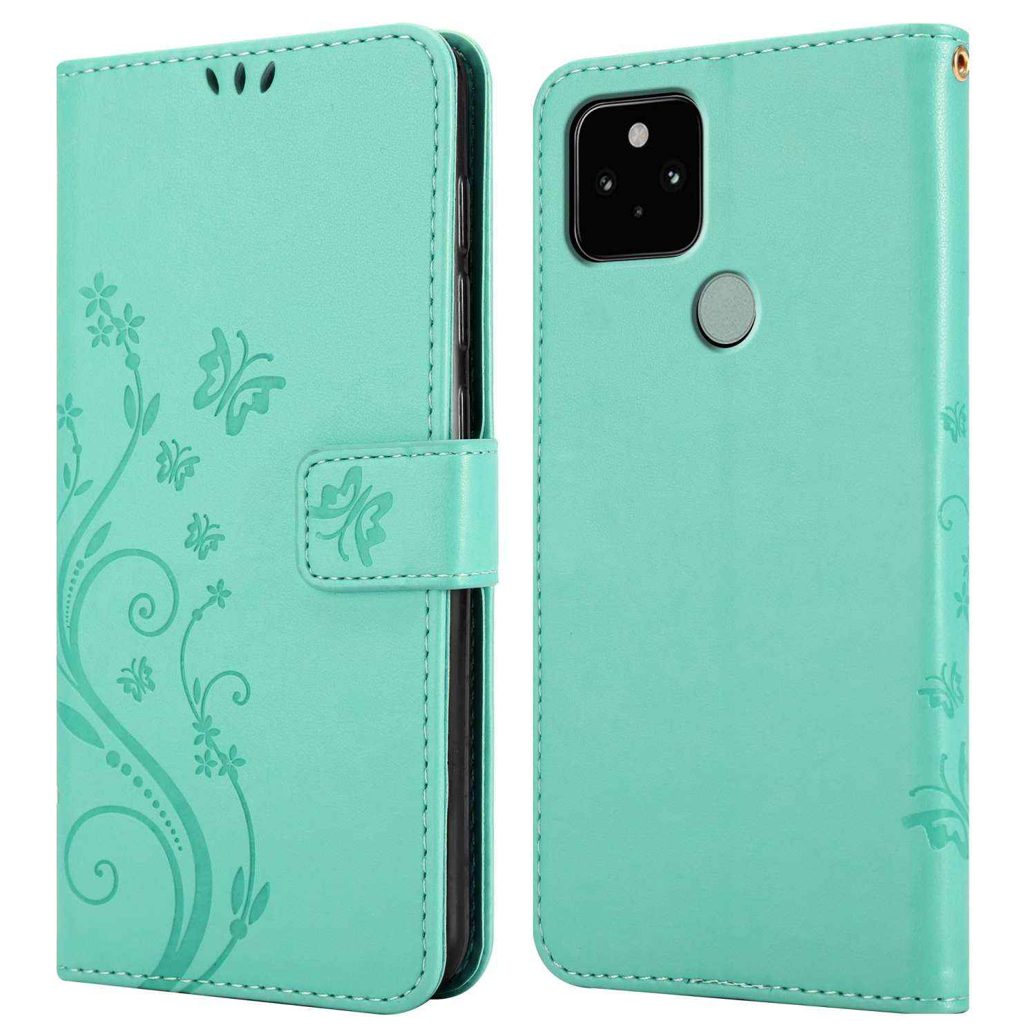 Custodia per telefono turchese aperta con telefono a destra e design floreale con farfalle a sinistra.