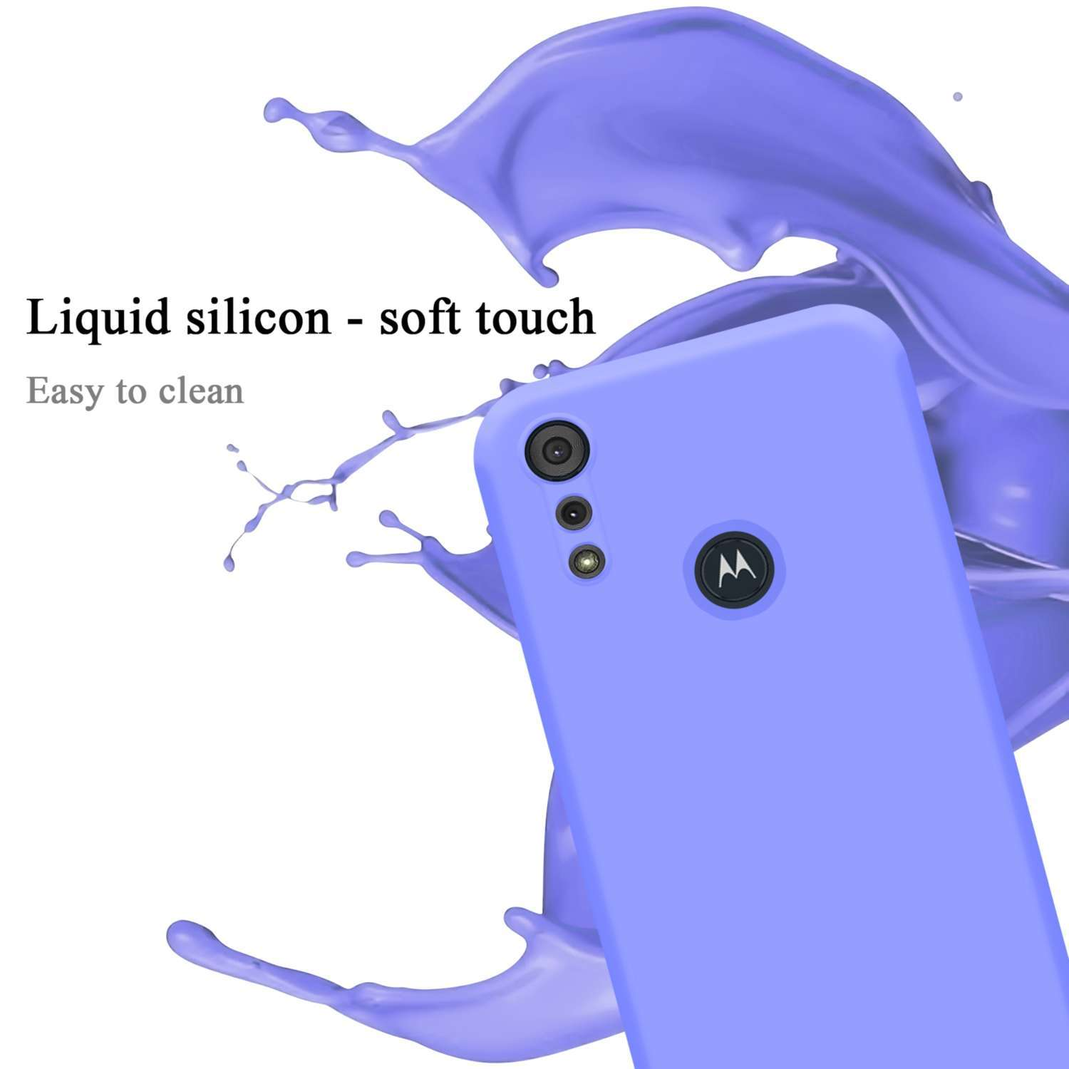 Custodia viola con telefono, silicone liquido, facile da pulire.