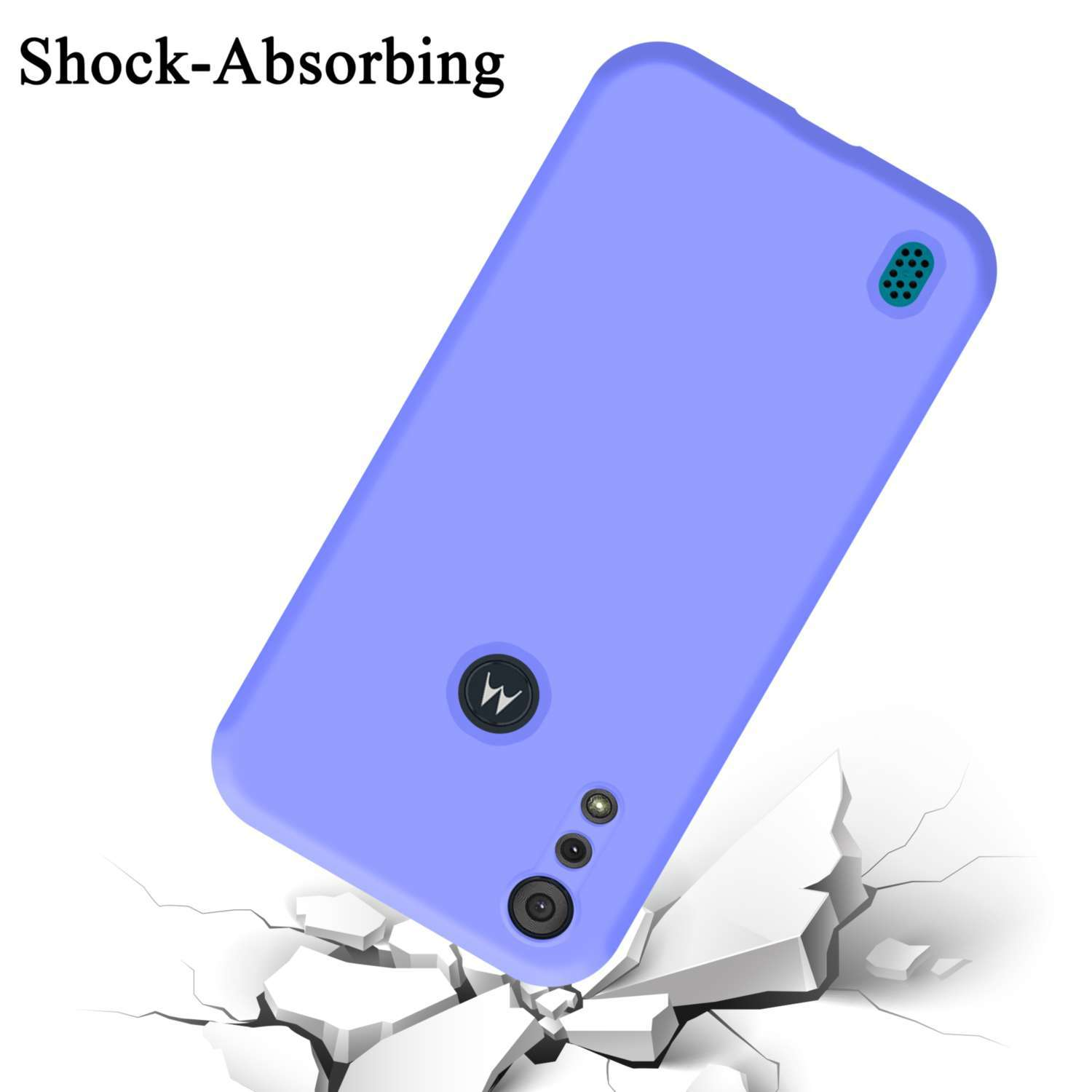 Una custodia per telefono viola che cade su cemento bianco crepato. La custodia ha un design a fotocamera.