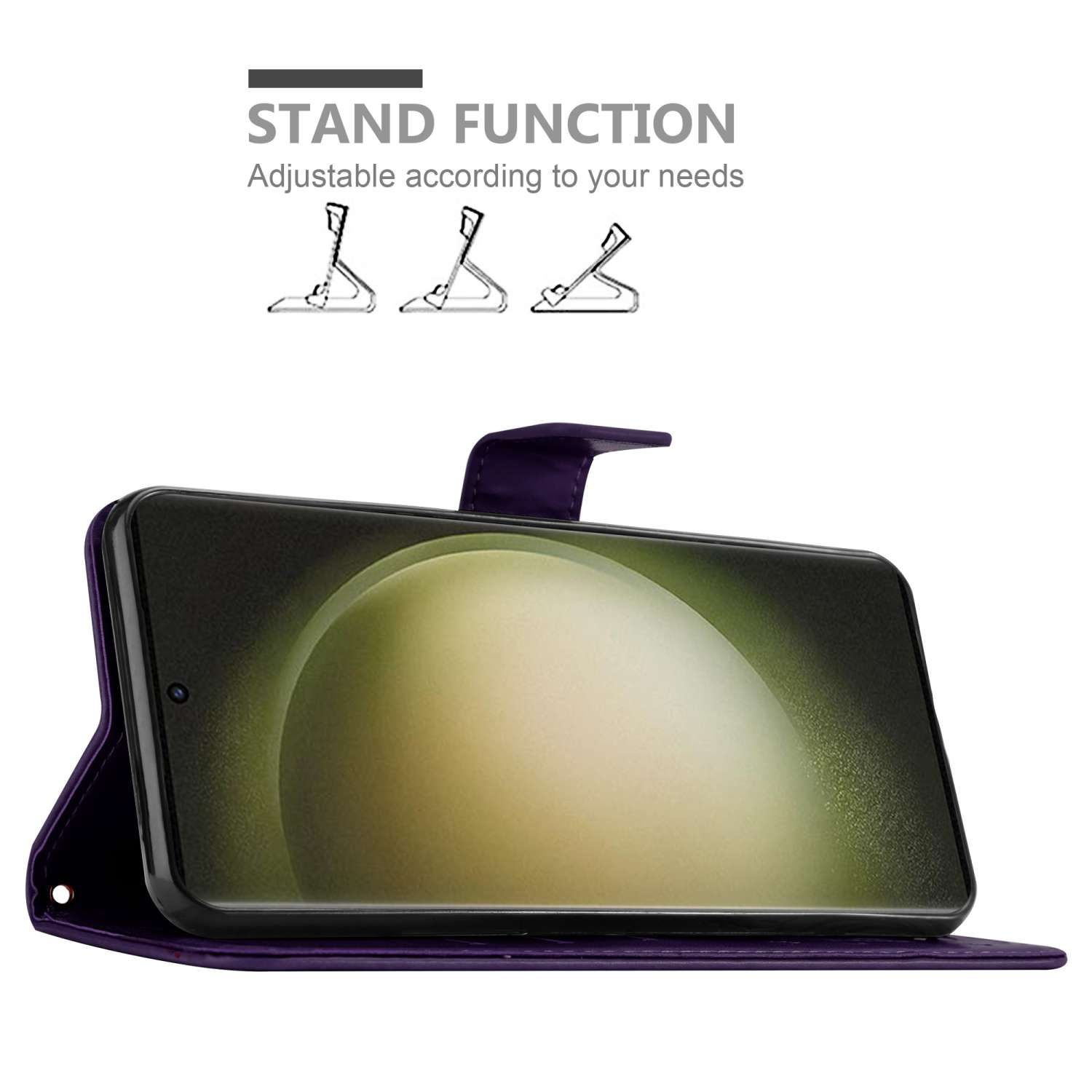 Custodia viola con funzione stand, schermo del telefono visibile. Testo: Regolabile alle tue esigenze.