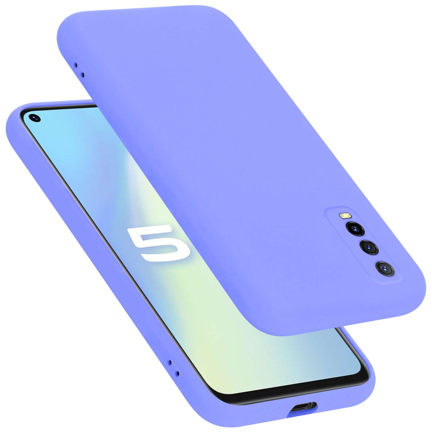Lilafarbene Handyhülle mit Telefon darin. Der Telefonbildschirm zeigt die Zahl 5.