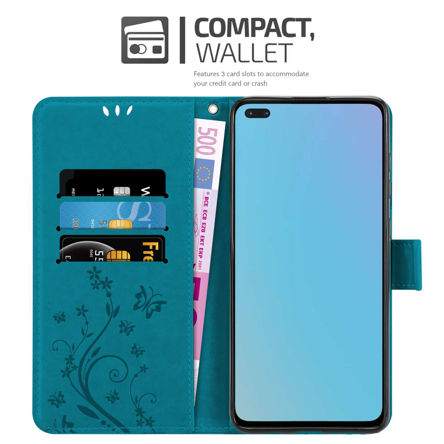 Custodia per telefono turchese con carte, denaro e telefono. Con fessure e design floreale.
