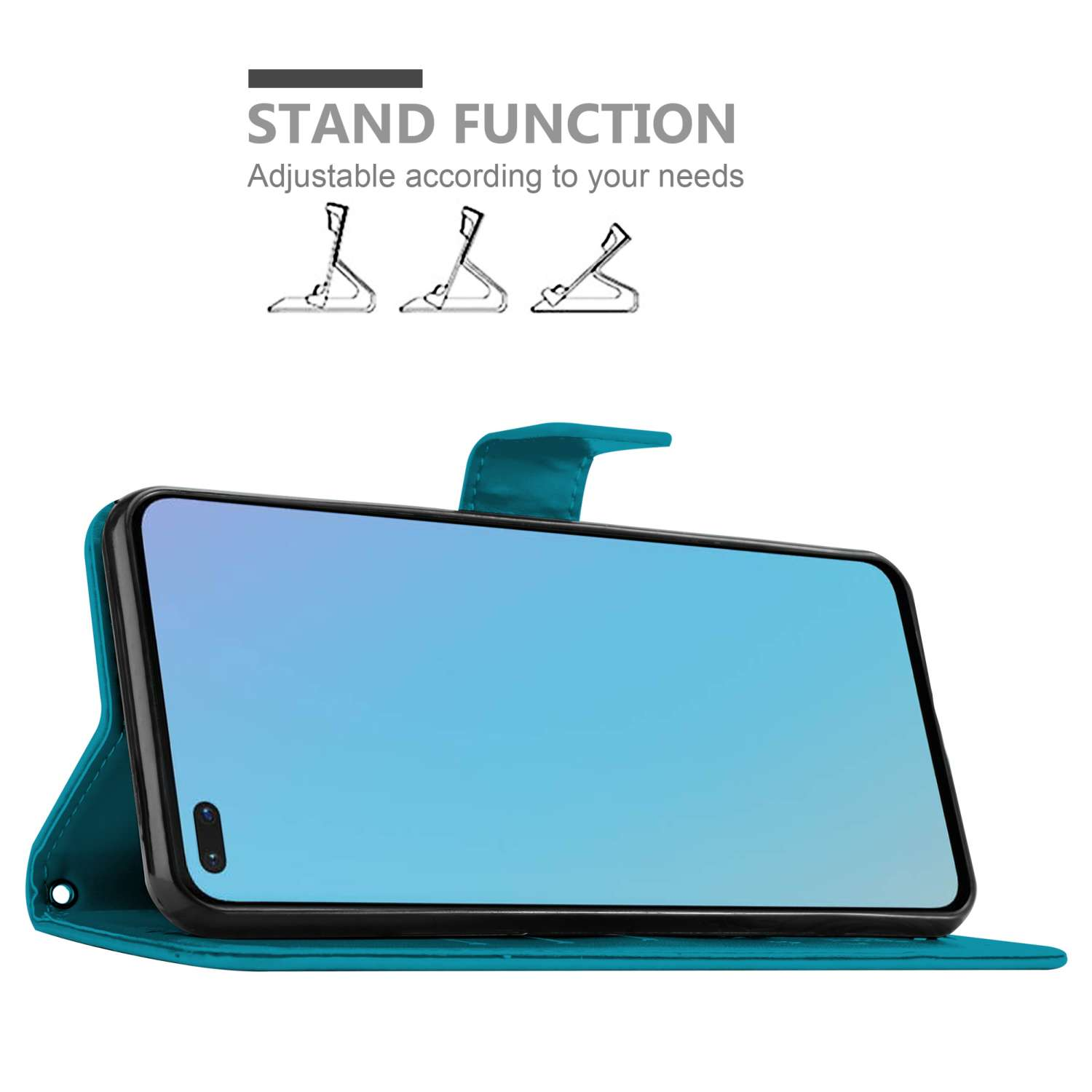 Custodia per telefono verde acqua, aperta e che mostra uno schermo del telefono, con illustrazioni della funzione di supporto.