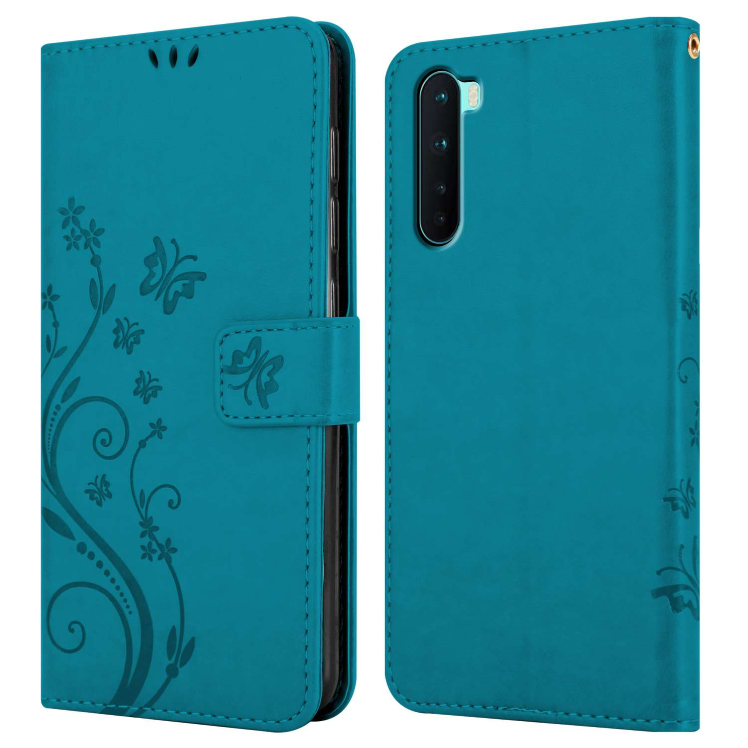 Custodia a portafoglio verde acqua aperta, che mostra un telefono. Design floreale e farfalla.
