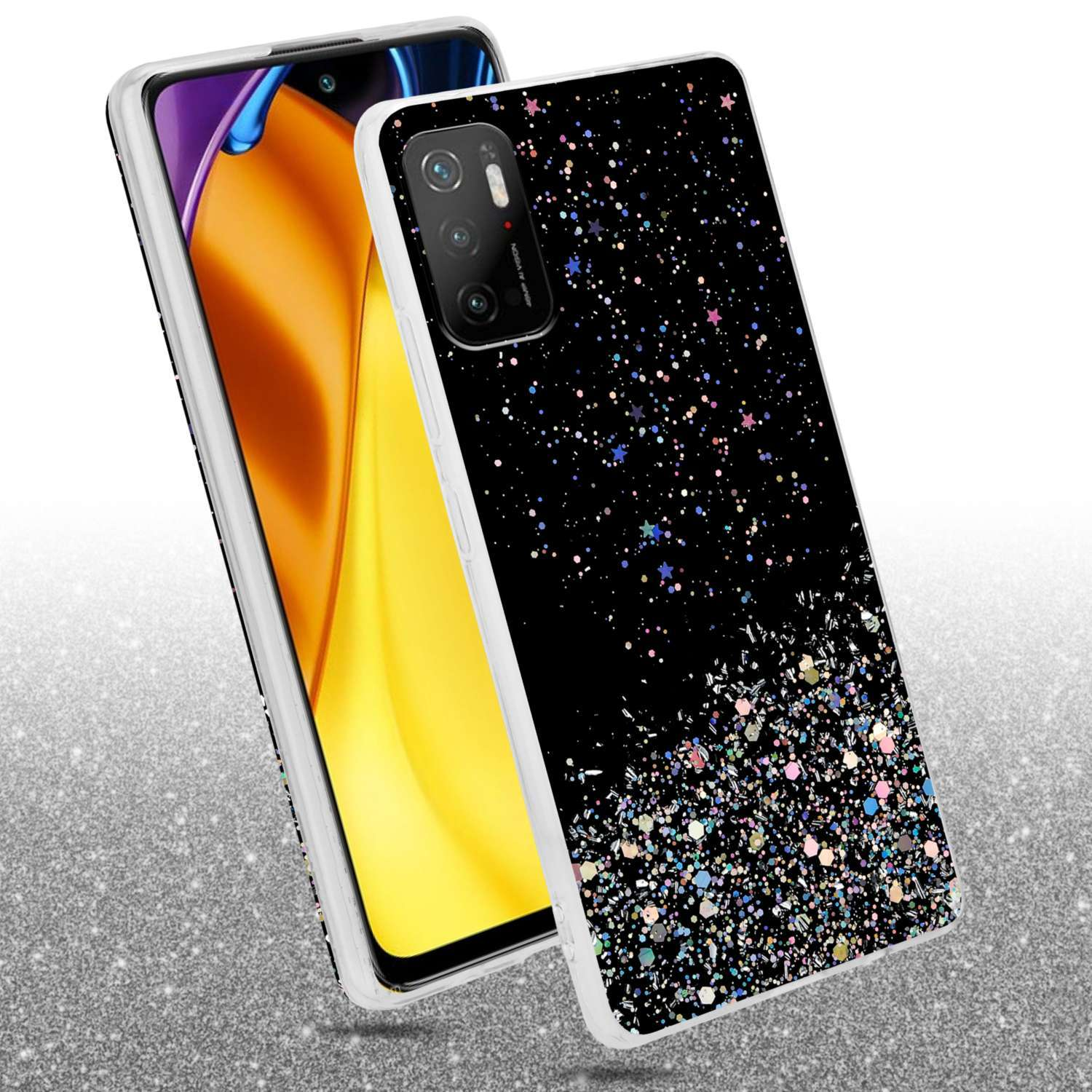 Custodia del telefono con sfondo nero e glitter. La custodia ha una fotocamera. Il telefono dietro è visibile.