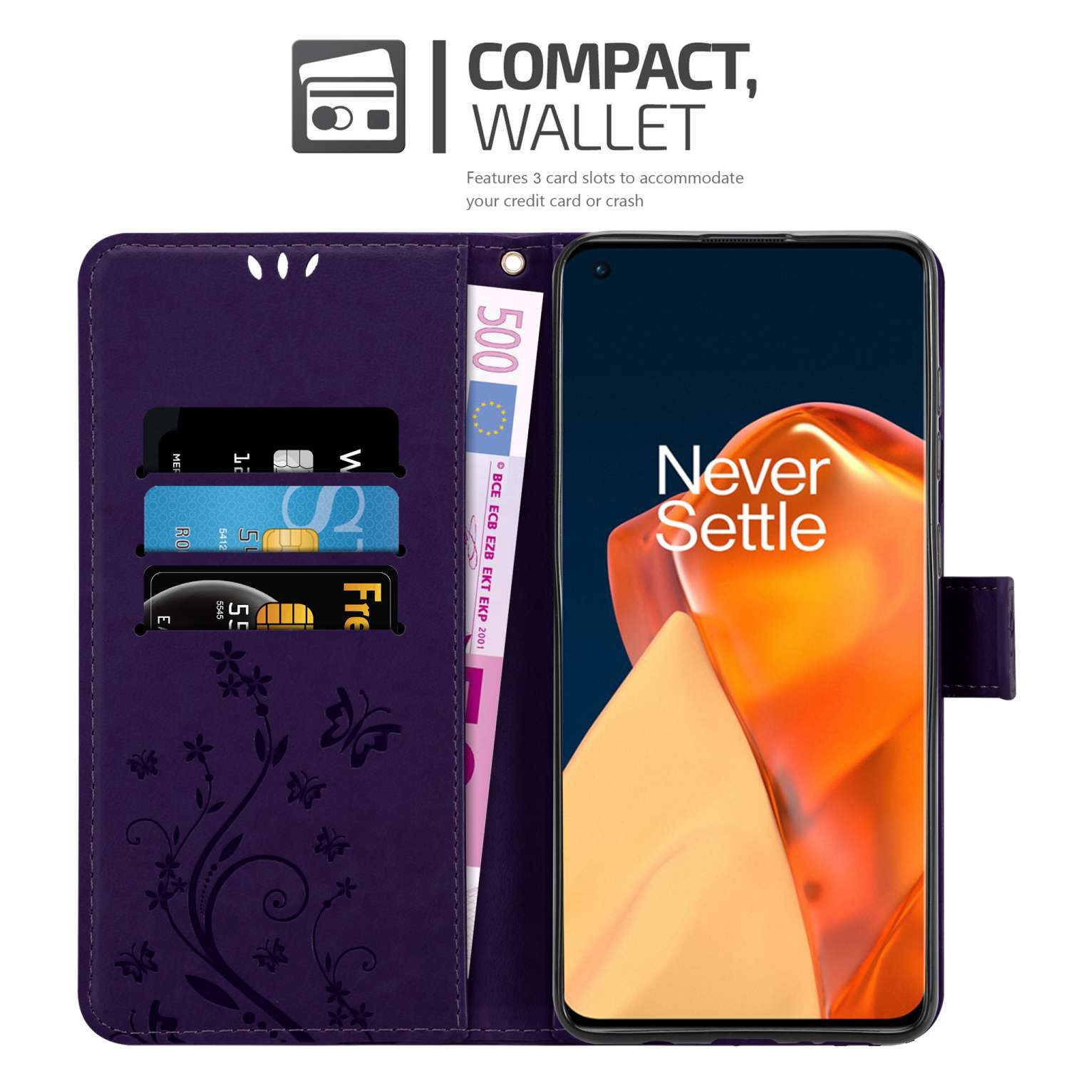 Custodia a portafoglio viola con scomparti per carte e telefono con cornice nera e sfondo arancione.