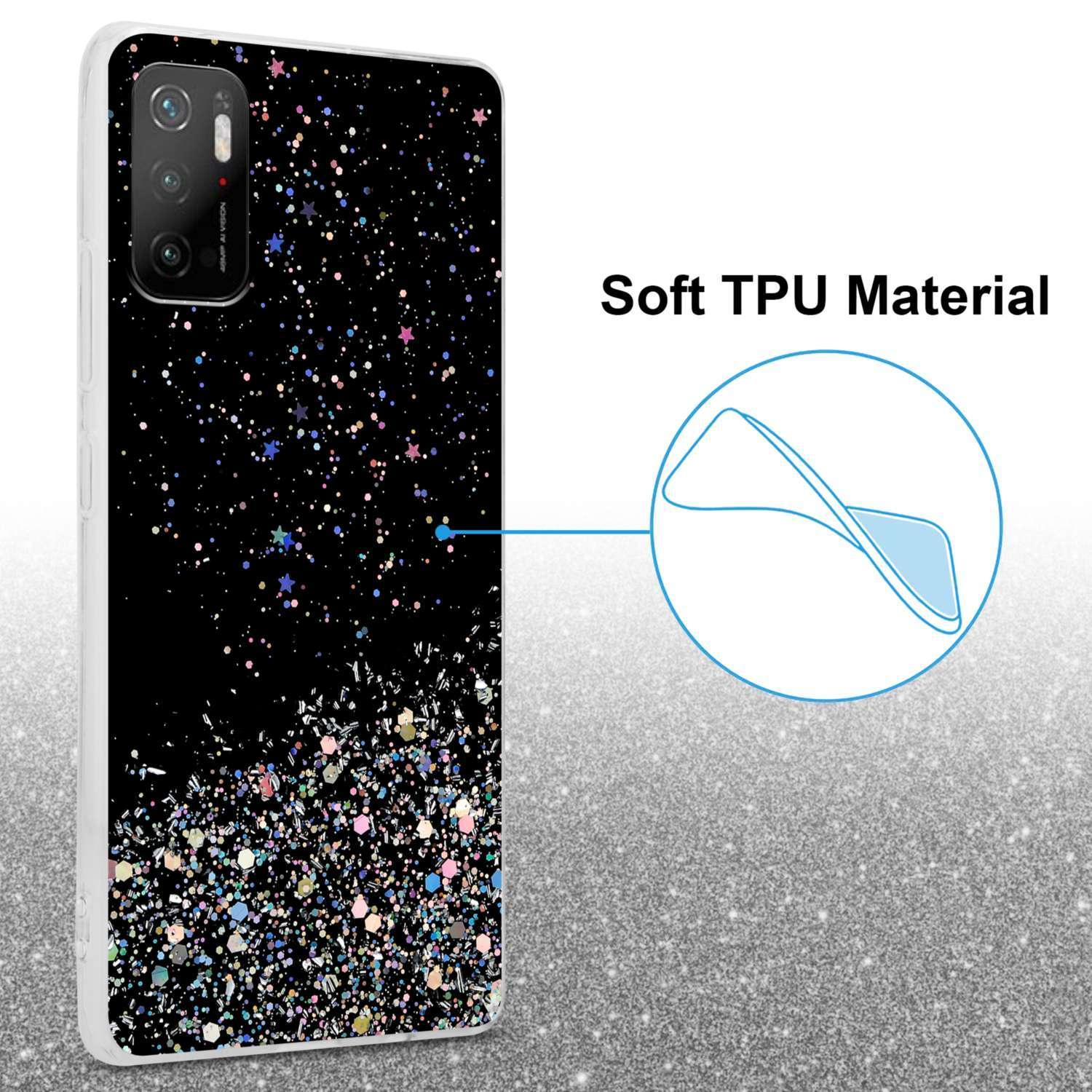 Custodia per telefono con glitter e stelle, mostra un primo piano e il testo 'Soft TPU Material'.