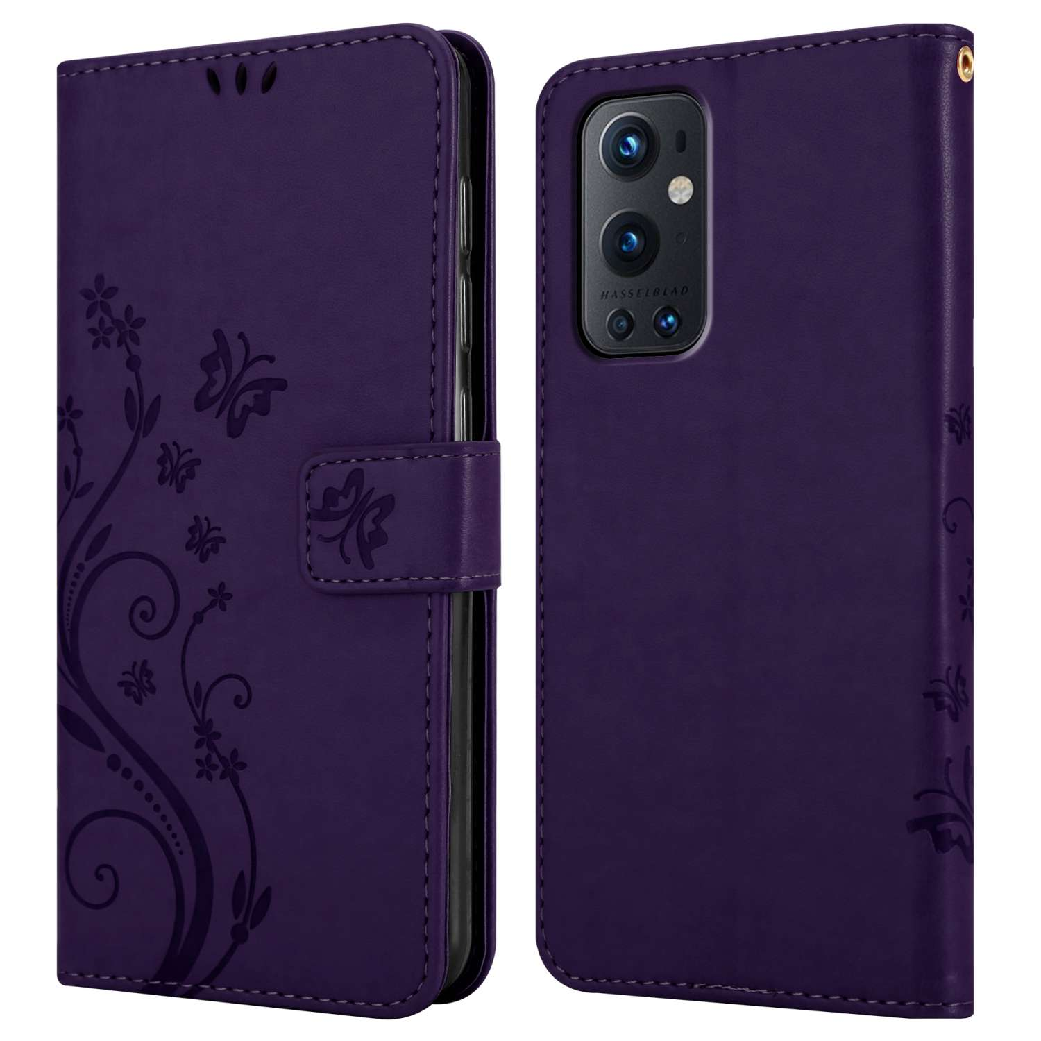 Custodia viola con un disegno a farfalla. Custodia aperta, che mostra il telefono. Sfondo bianco.