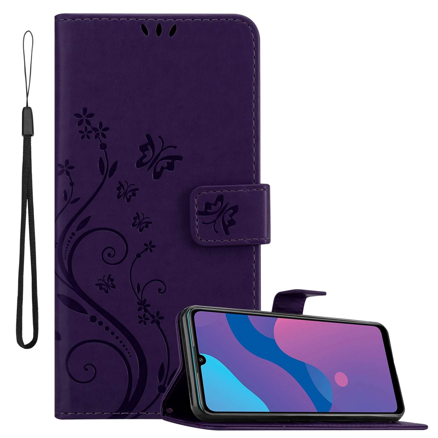 Una custodia per telefono viola, aperta per rivelare il telefono, con un cinturino da polso.