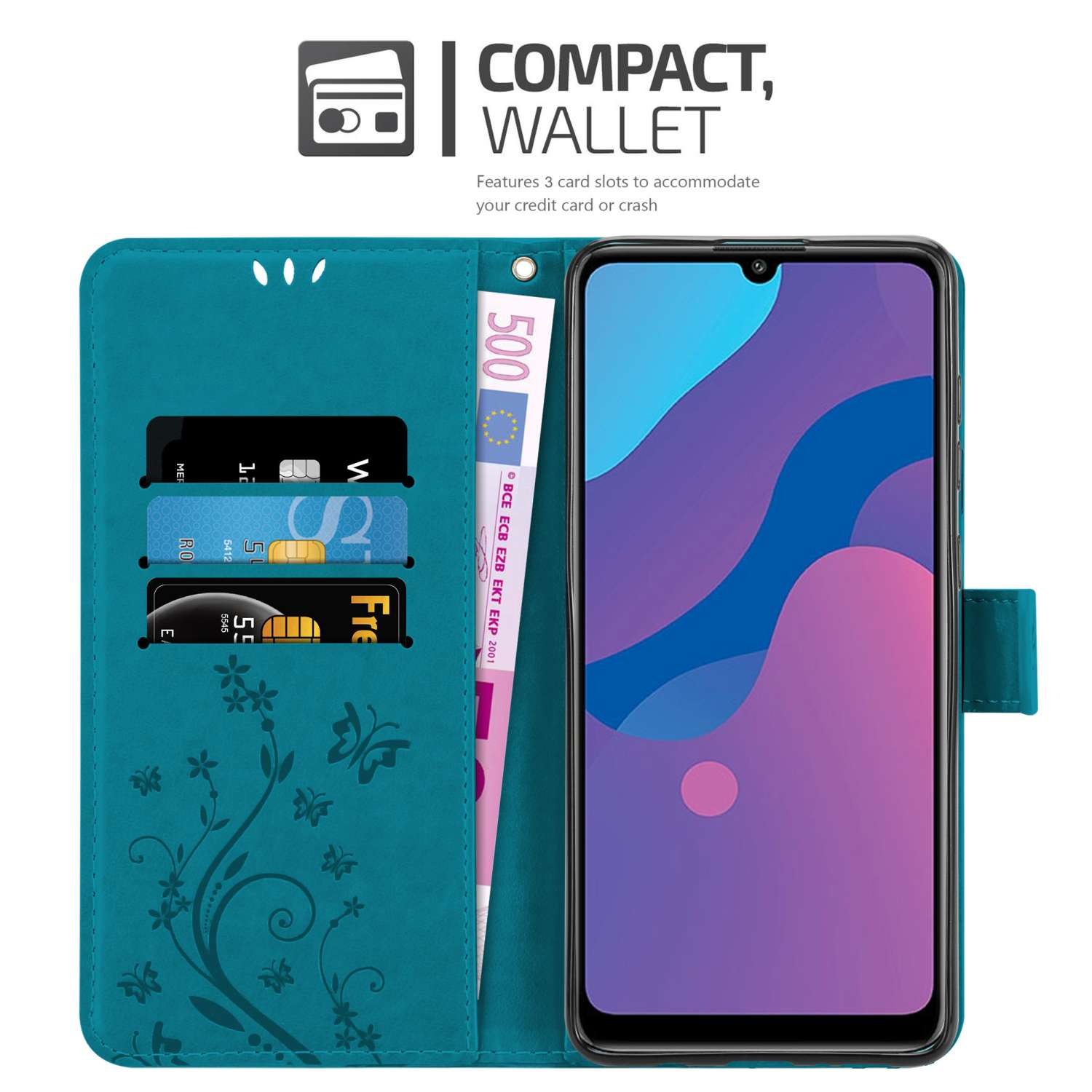 Custodia per telefono aperta, che mostra carte, denaro e schermo. Testo: 'Compact, Wallet'.
