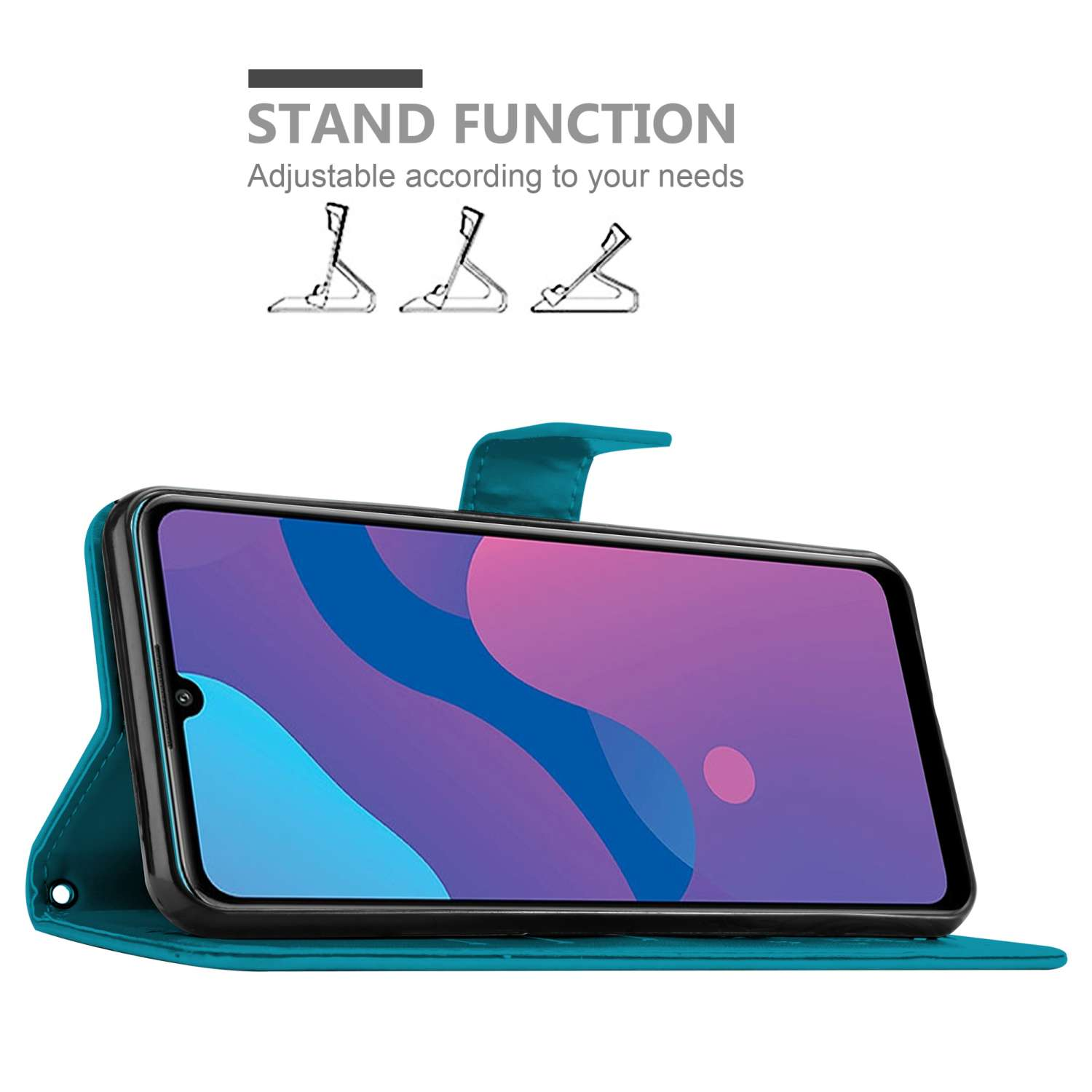 Custodia teal aperta, mostra un telefono con immagine astratta colorata e funzione stand.