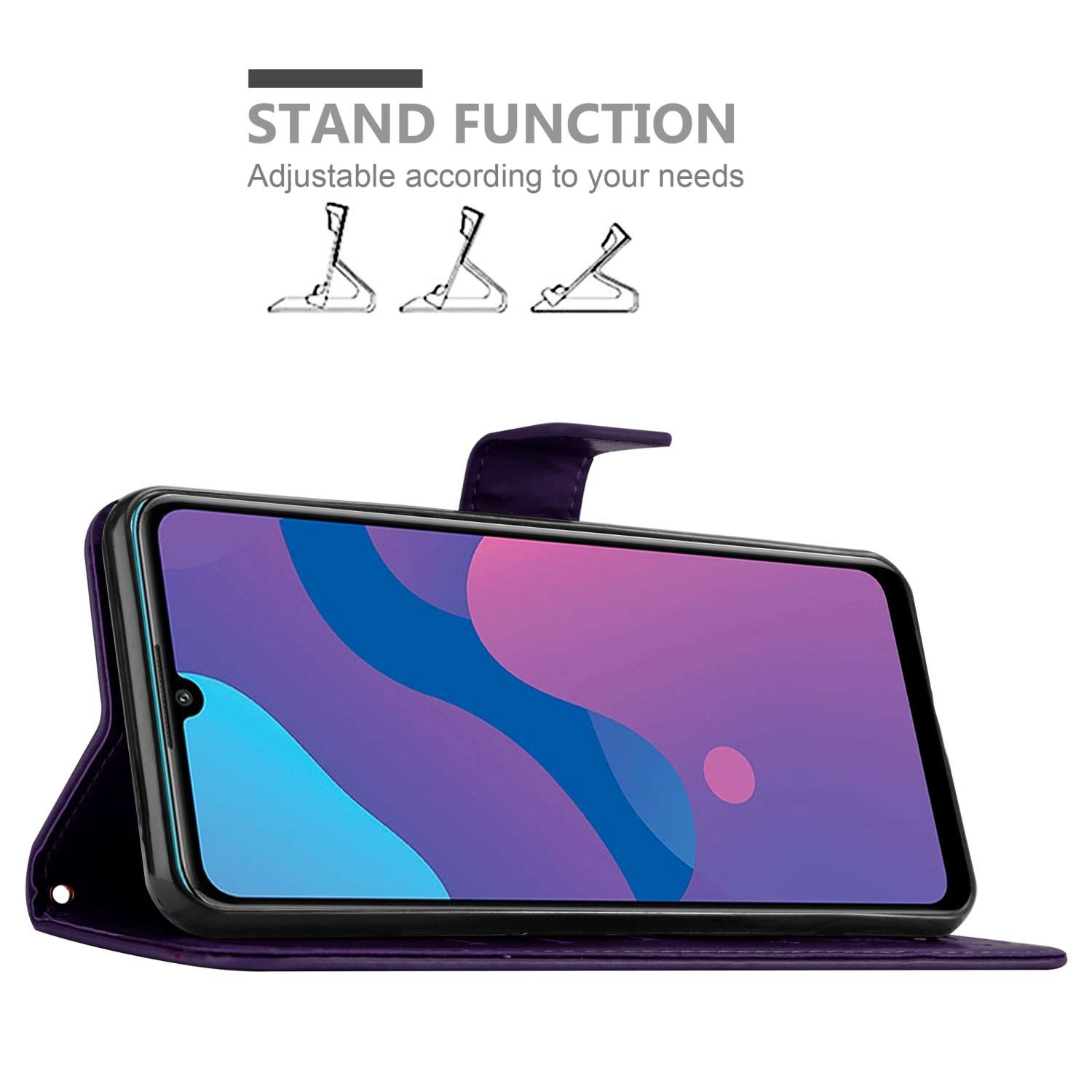 Una custodia per telefono viola con un telefono all'interno, in posizione verticale. Testo: Funzione stand.