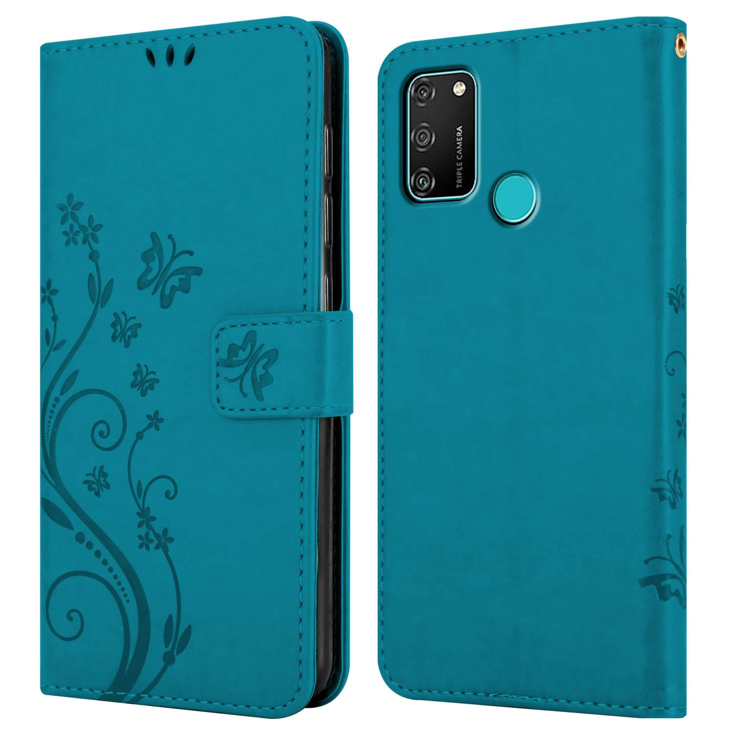 Una custodia per telefono turchese, aperta, che mostra un telefono con un design floreale e fessure per carte.