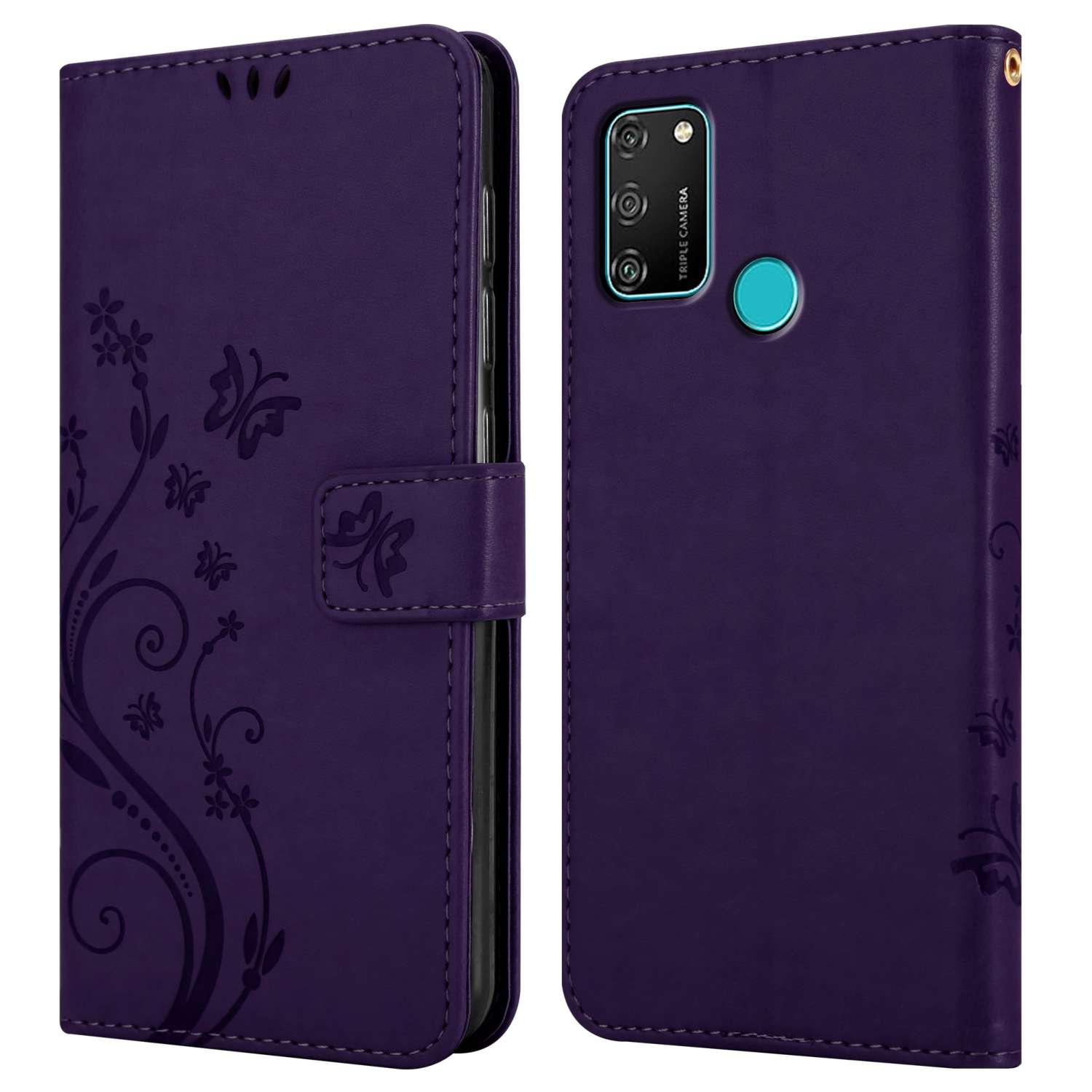 Custodia per telefono viola aperta, con un design floreale. Mostra la tripla fotocamera del telefono, la custodia su sfondo bianco.