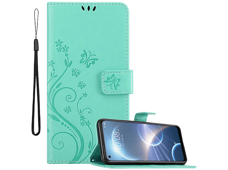 CADORABO Hülle HTC, Flower Desire TÜRKIS PRO, Muster Blumen Bookcover, FLORAL Case, 22