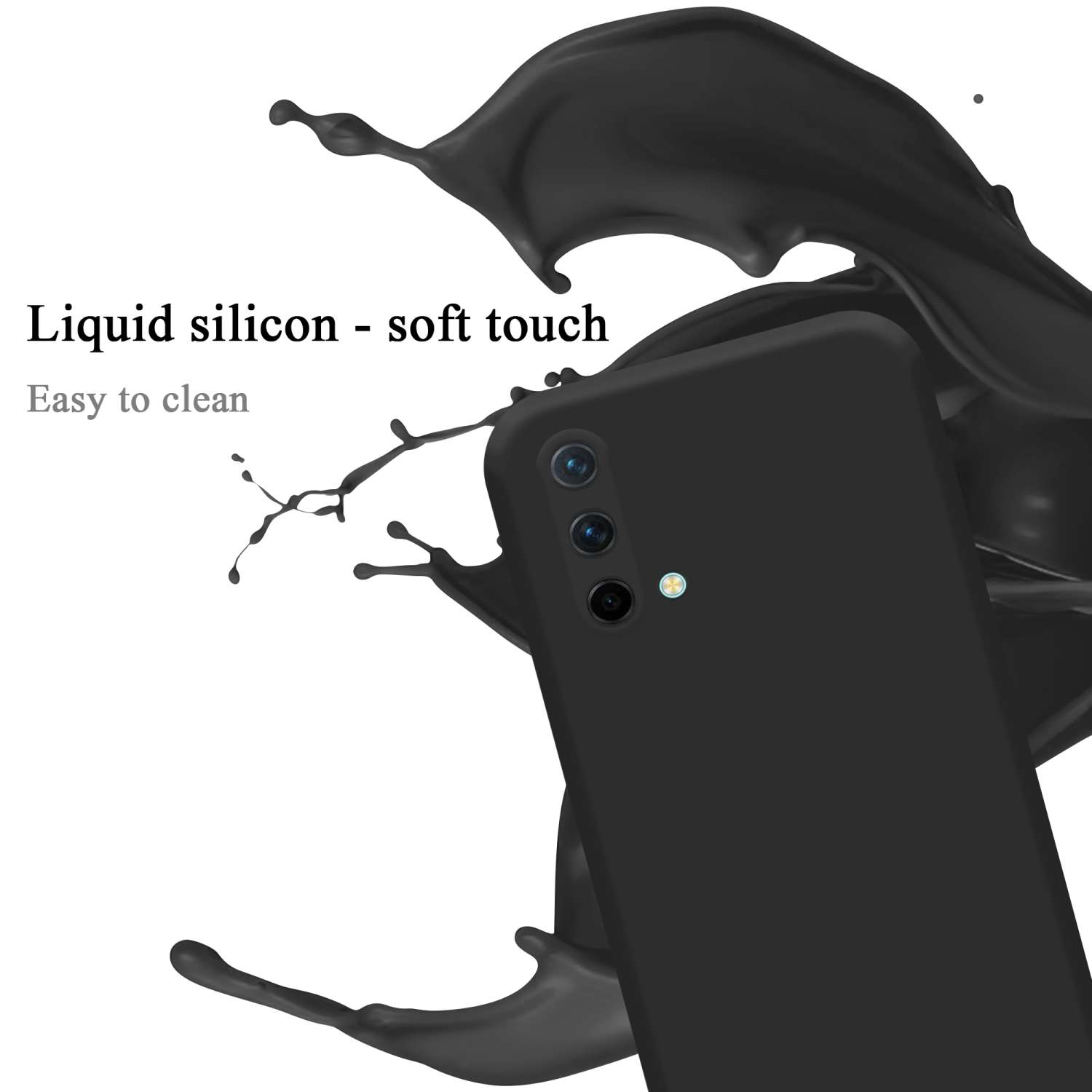Custodia per telefono nera con silicone liquido. Il telefono ha tre fotocamere. Schizzo di liquido nero dietro. Facile da pulire.