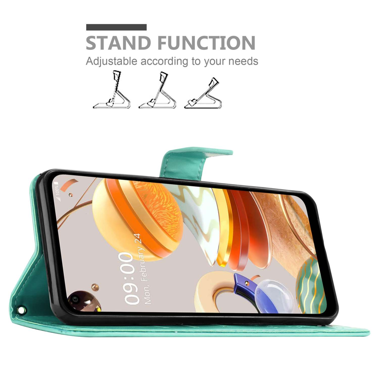 Telefono in una custodia a portafoglio verde acqua con funzione stand. La custodia è aperta, è mostrato un supporto.