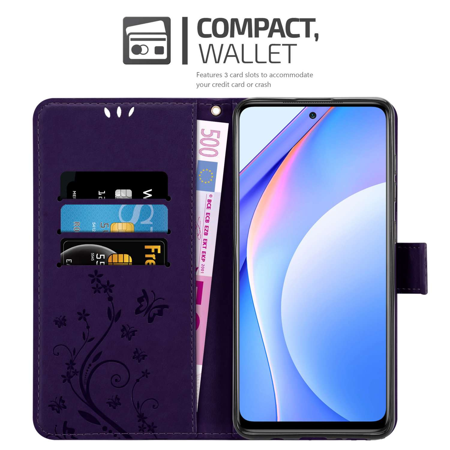 Una custodia per telefono viola con carte e una banconota da 500 euro. Ha un design floreale, un telefono e un pulsante.