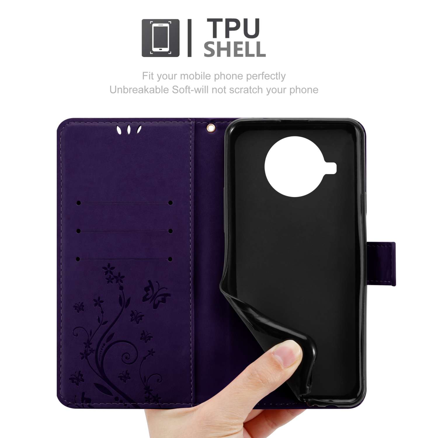 Custodia per telefono viola con un design floreale. La custodia è aperta, mostrando il supporto per il telefono e una mano.