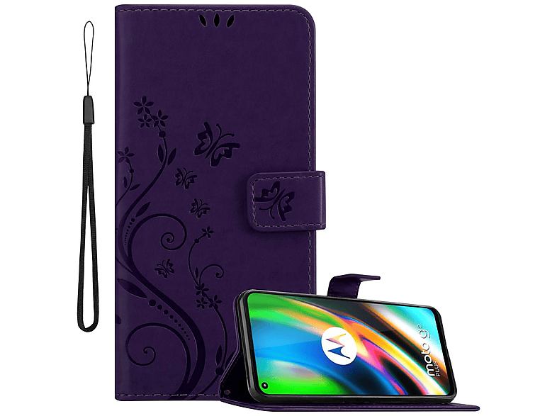 CADORABO Hülle Blumen Muster Flower Case, Bookcover, Motorola, MOTO G9 PLUS, FLORAL DUNKEL LILA