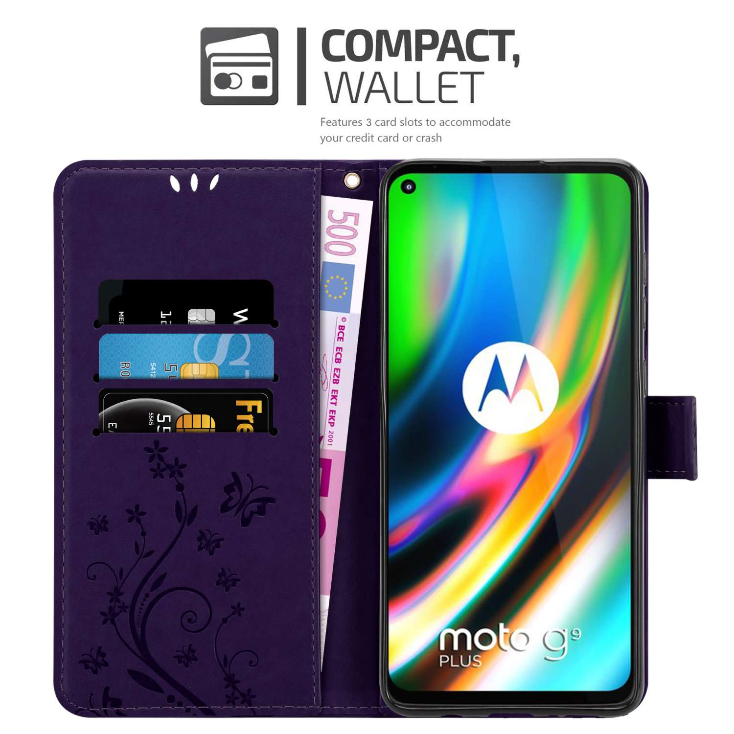Custodia a portafoglio viola con telefono. Dispone di slot per carte e contiene denaro. Il telefono ha un display colorato.