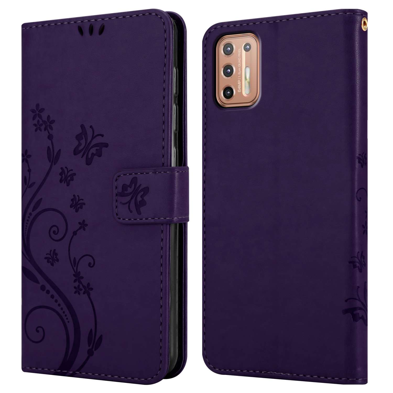 Una custodia per telefono viola, aperta per rivelare il telefono all'interno. Design floreale sulla cover. Il telefono è nella custodia.
