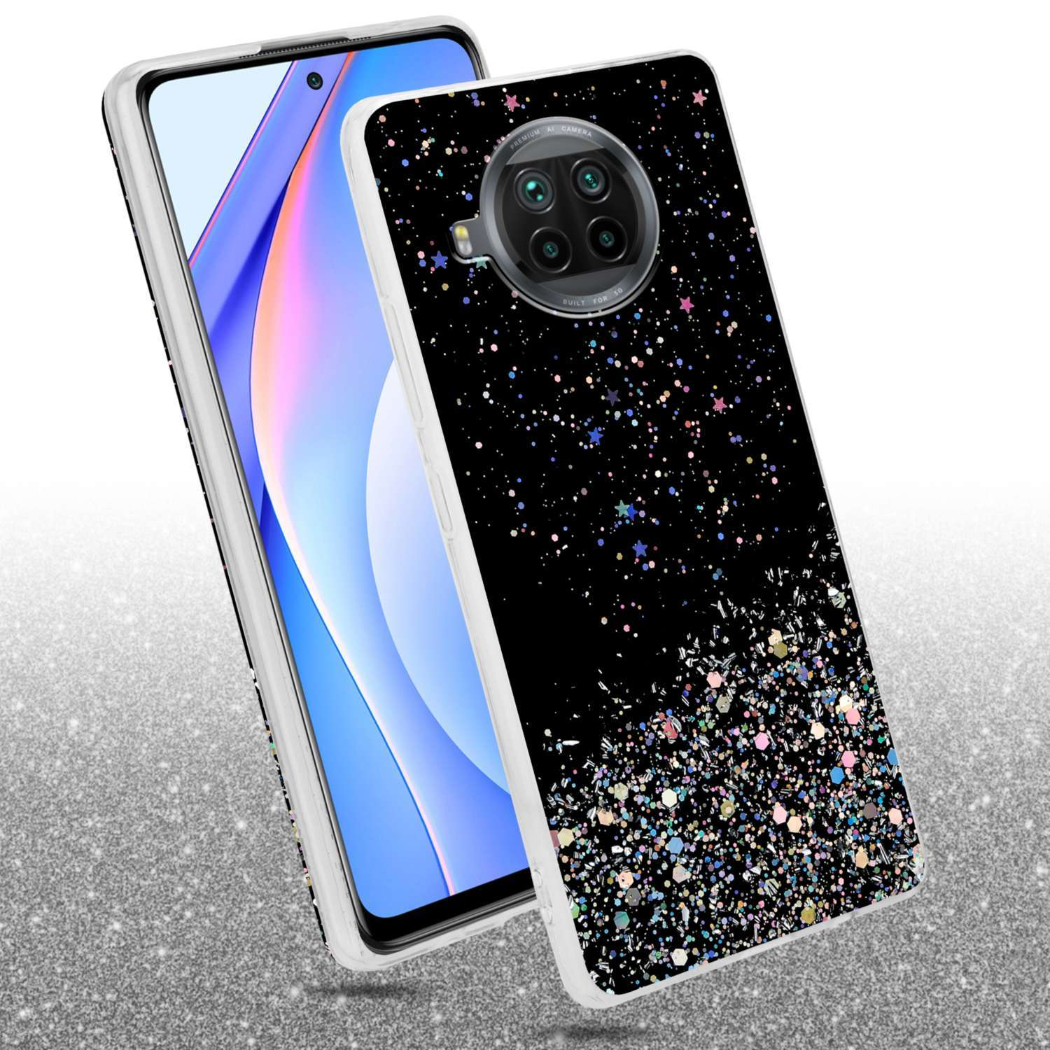 Eine Handyhülle mit Glitzer auf der Rückseite und einem Telefon darin. Die Hülle ist schwarz.