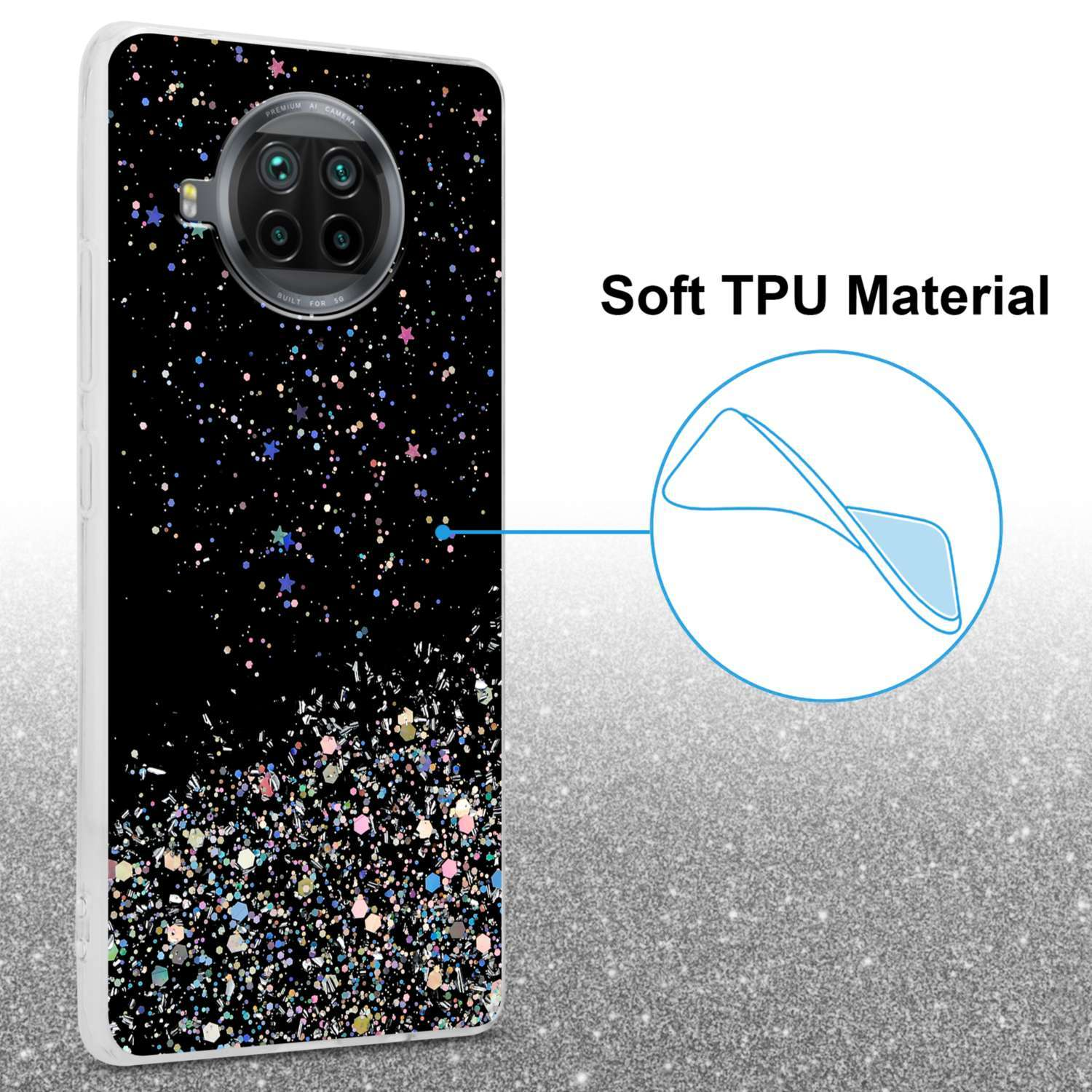 Handyhülle mit schwarzem Hintergrund und Glitzer. Text sagt Weiches TPU-Material.