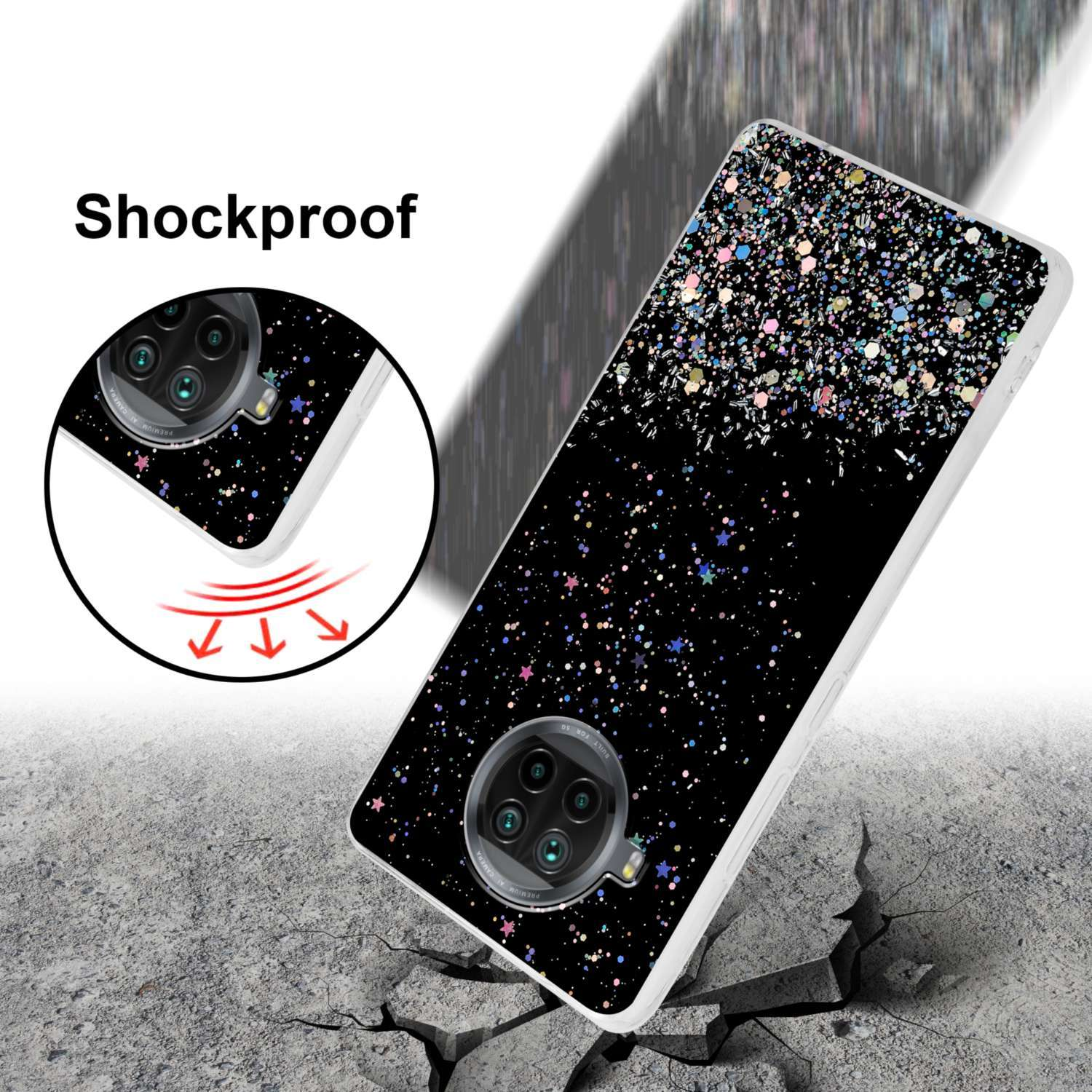 Eine Handyhülle mit schwarzem und glitzerndem Design, liegt auf einer rissigen Oberfläche. Kameras vorhanden.