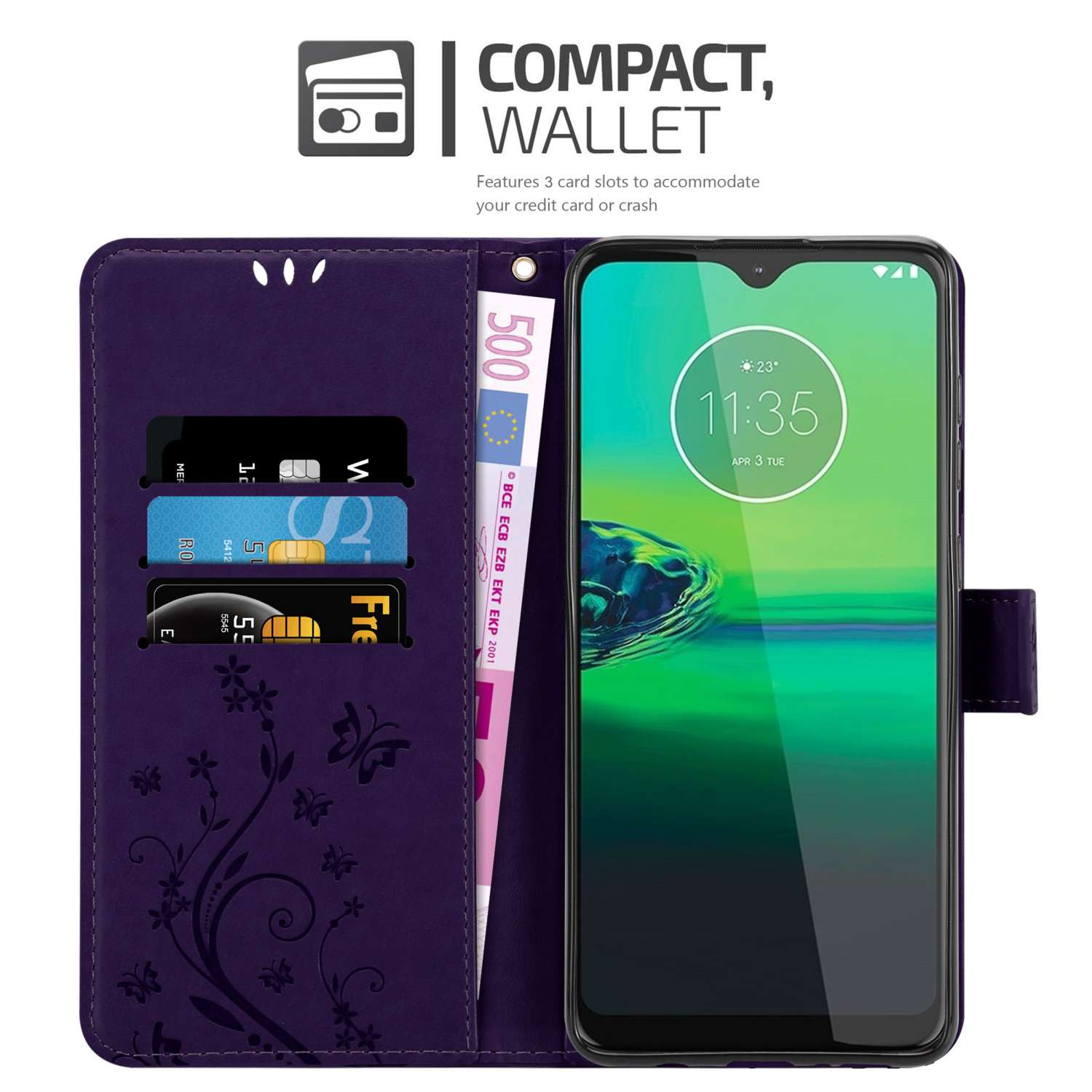 Custodia viola per telefono, aperta con carte e denaro, telefono, sfondo bianco.