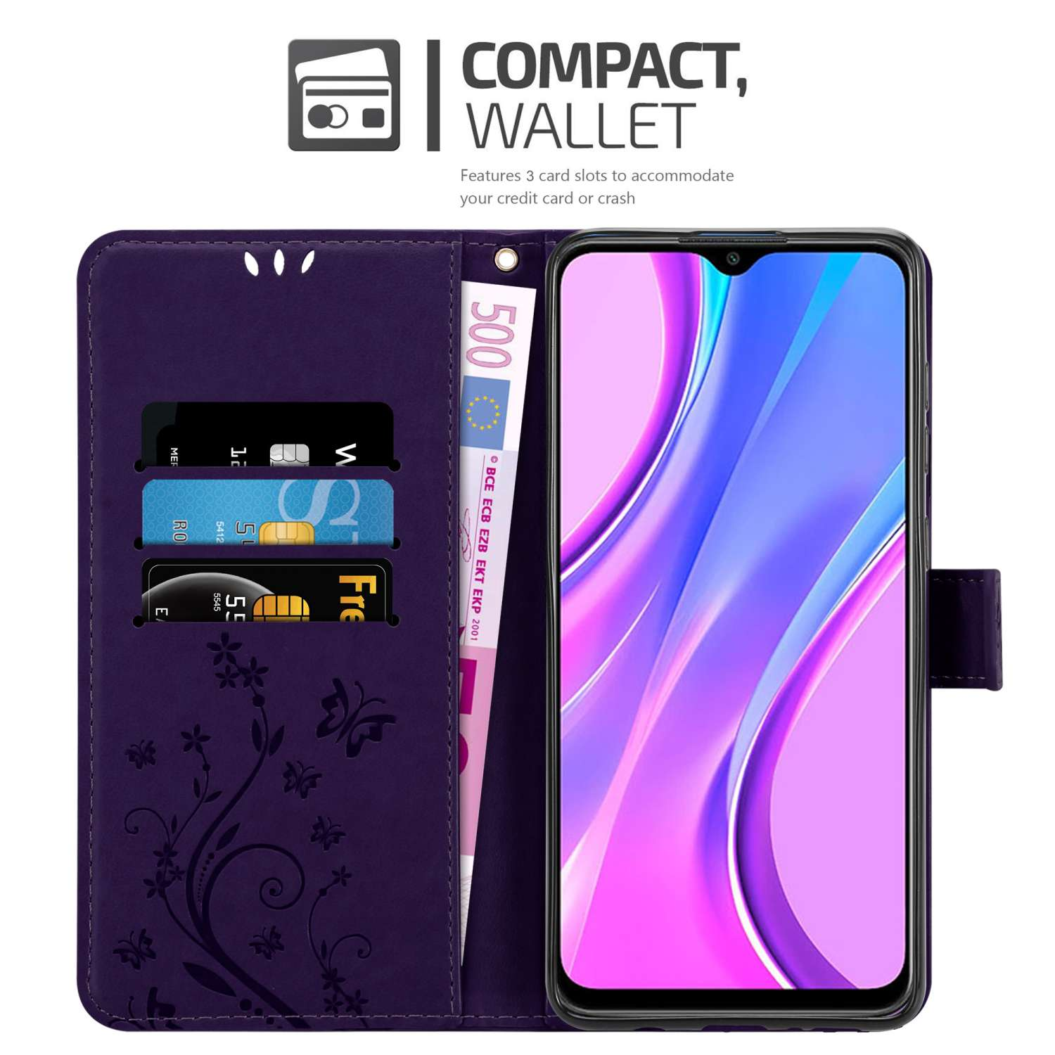 Una custodia per telefono viola con un telefono all'interno. Ha slot per schede e un motivo floreale con una farfalla.