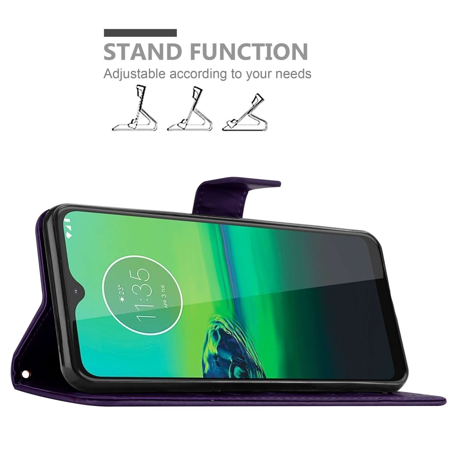 Custodia a portafoglio per telefono viola, telefono all'interno, funzione stand. Testo: Funzione stand. Regolabile in base alle tue esigenze.