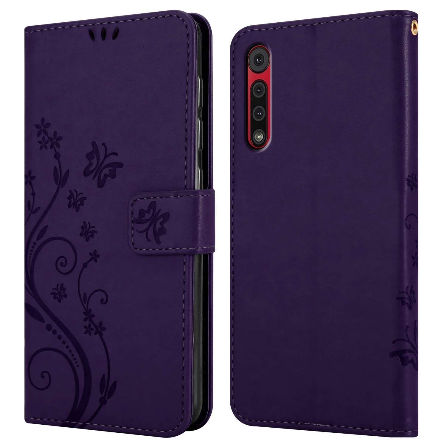 Due custodie per telefono in pelle viola; una aperta, che mostra un telefono, l'altra chiusa, con design floreale.