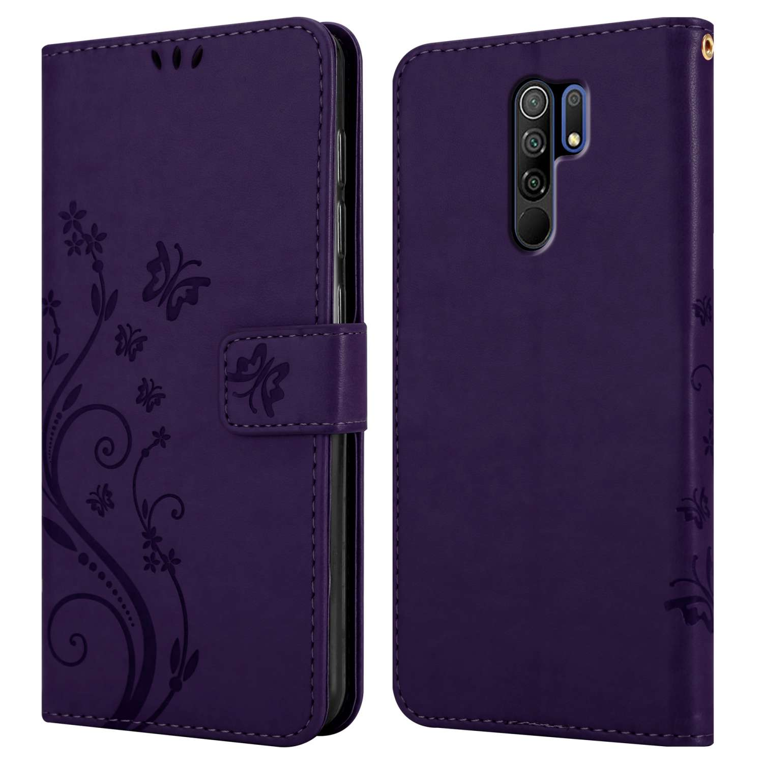 Una custodia per telefono viola, chiusa, con un design floreale, su sfondo bianco con due viste.