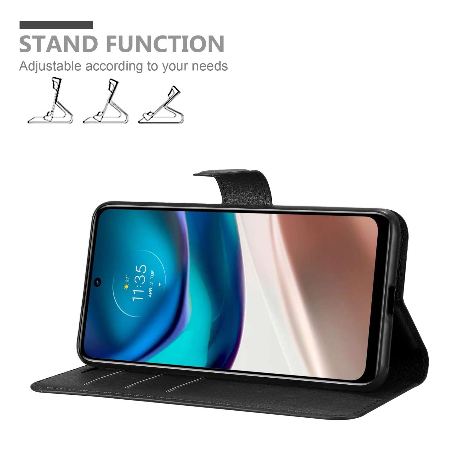 Una custodia per telefono nera con design a portafoglio aperto. Il telefono mostra un orologio che segna le 11:35. Funzione supporto visualizzata.
