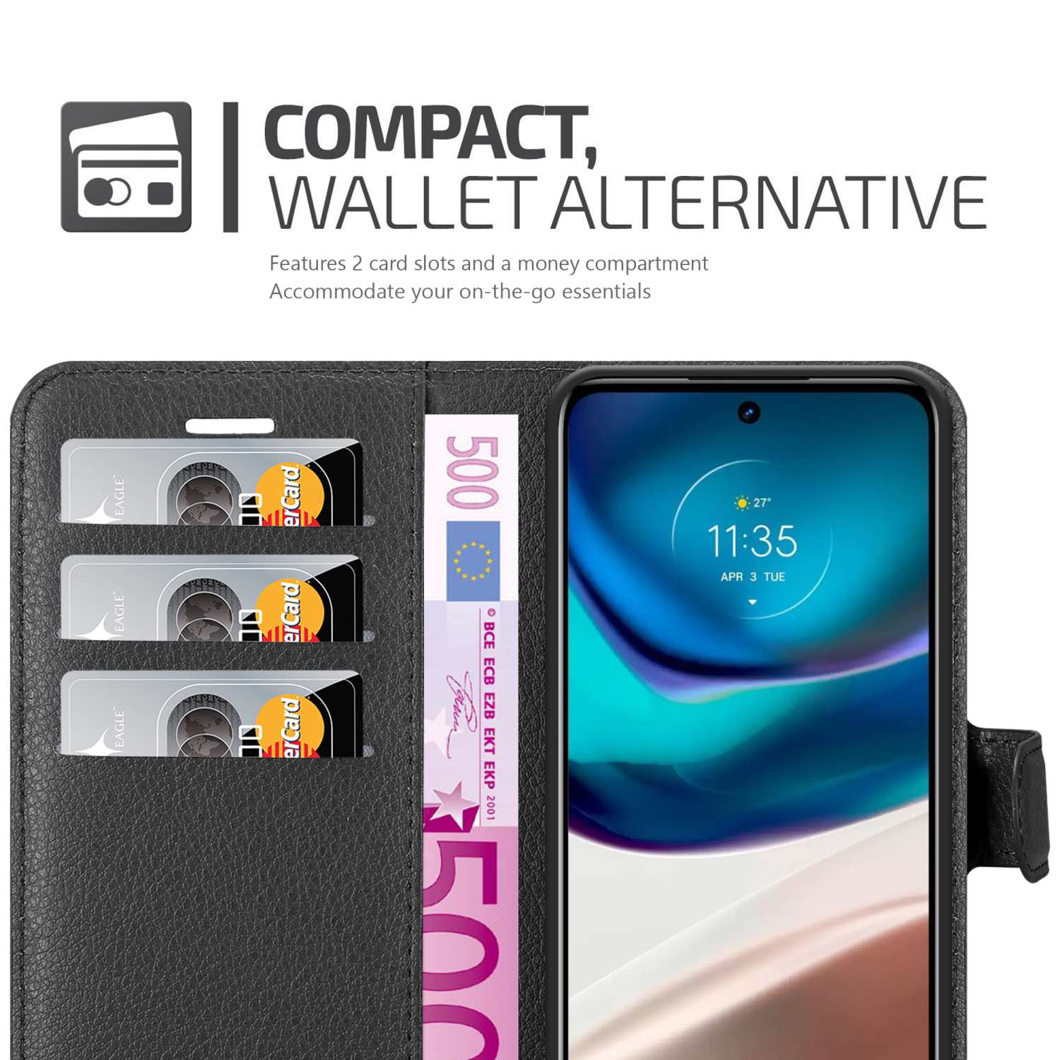 Portafoglio nero con tre slot per carte e una banconota da 500 euro. Telefono all'interno. Sfondo nero.