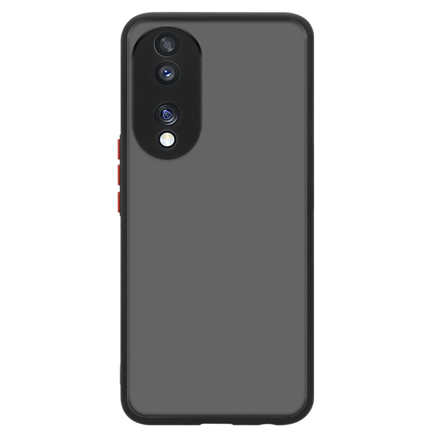 Eine schwarze Handyhülle mit grauem Rücken und roten Knöpfen, das Telefon wird nicht angezeigt.