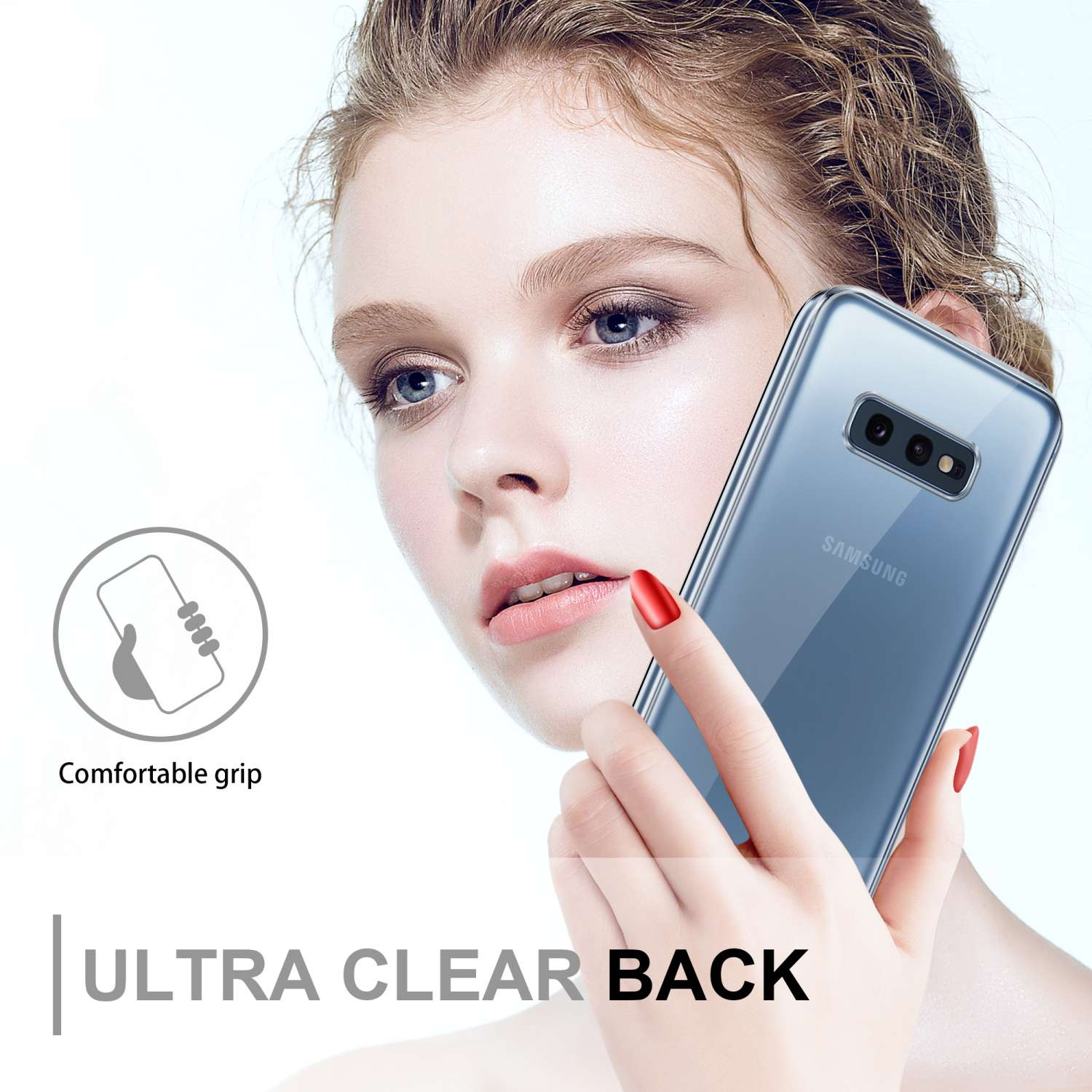 Donna che tiene in mano un telefono con custodia trasparente. Unghie rosse e testo: Ultra Clear Back. Il telefono ha una fotocamera.