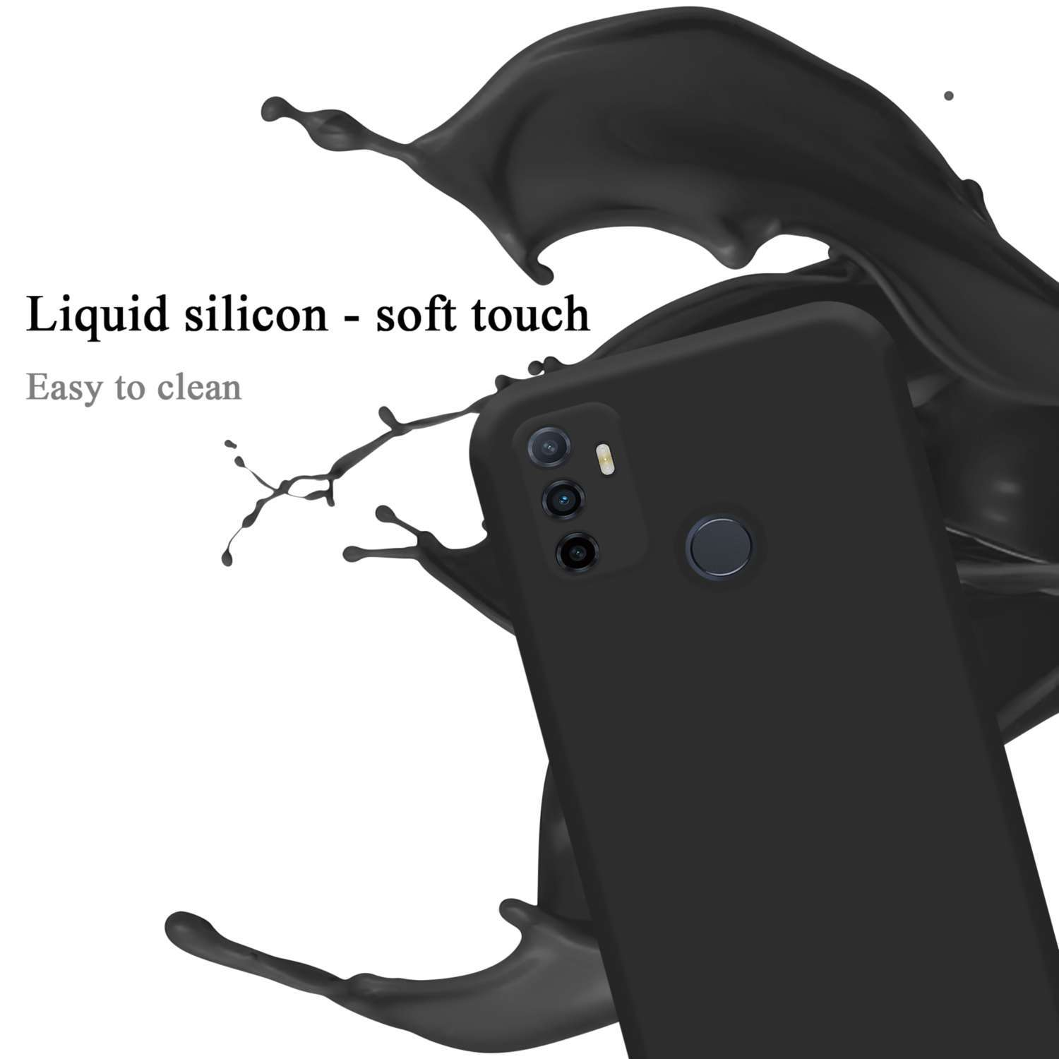 Custodia nera per telefono con schizzo di liquido. Testo: Silicone liquido-tocco morbido. Fotocamera e liquido nero.