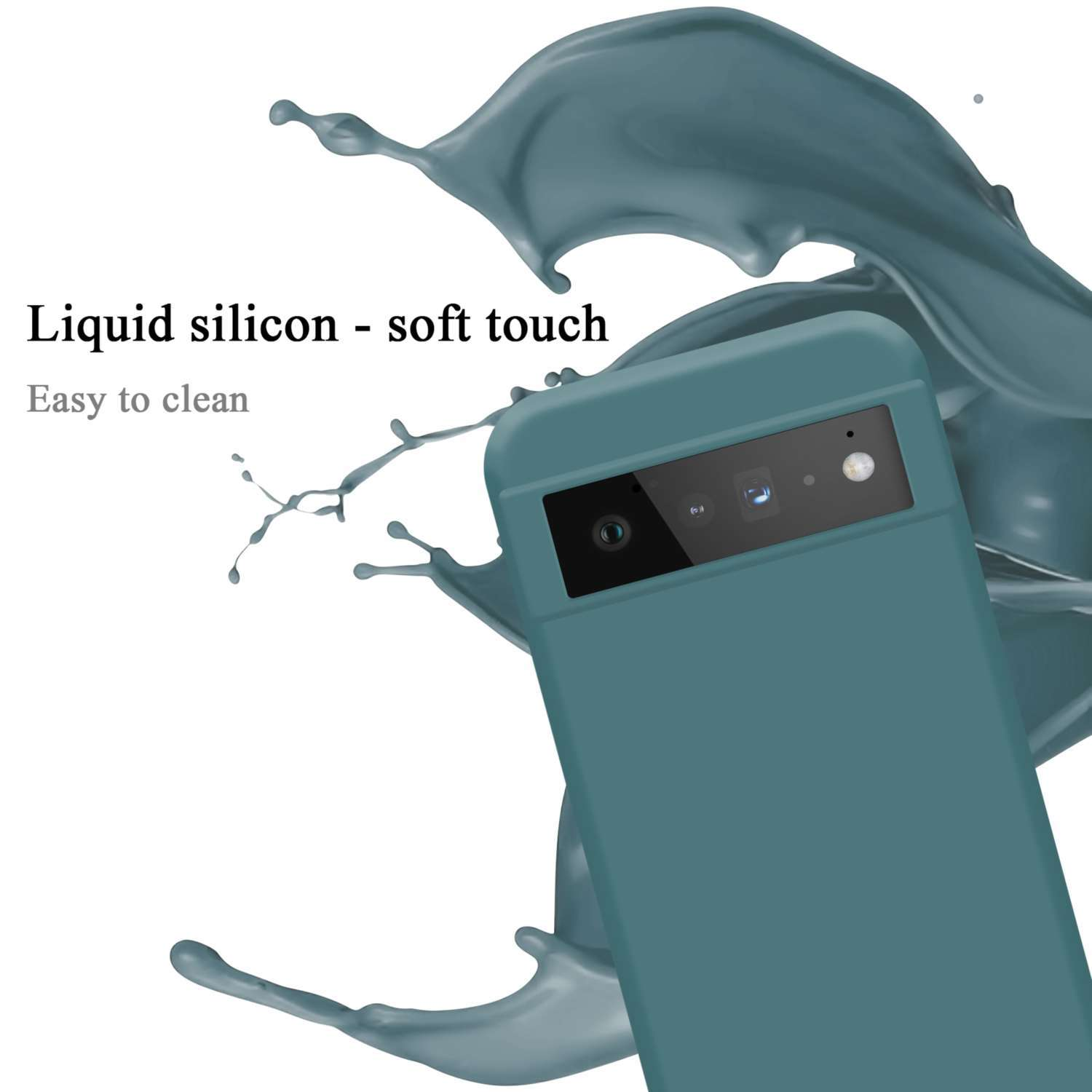 Custodia per telefono turchese con fotocamera. Silicone liquido, soft touch. Telefono parzialmente visibile. Schizzo d'acqua.