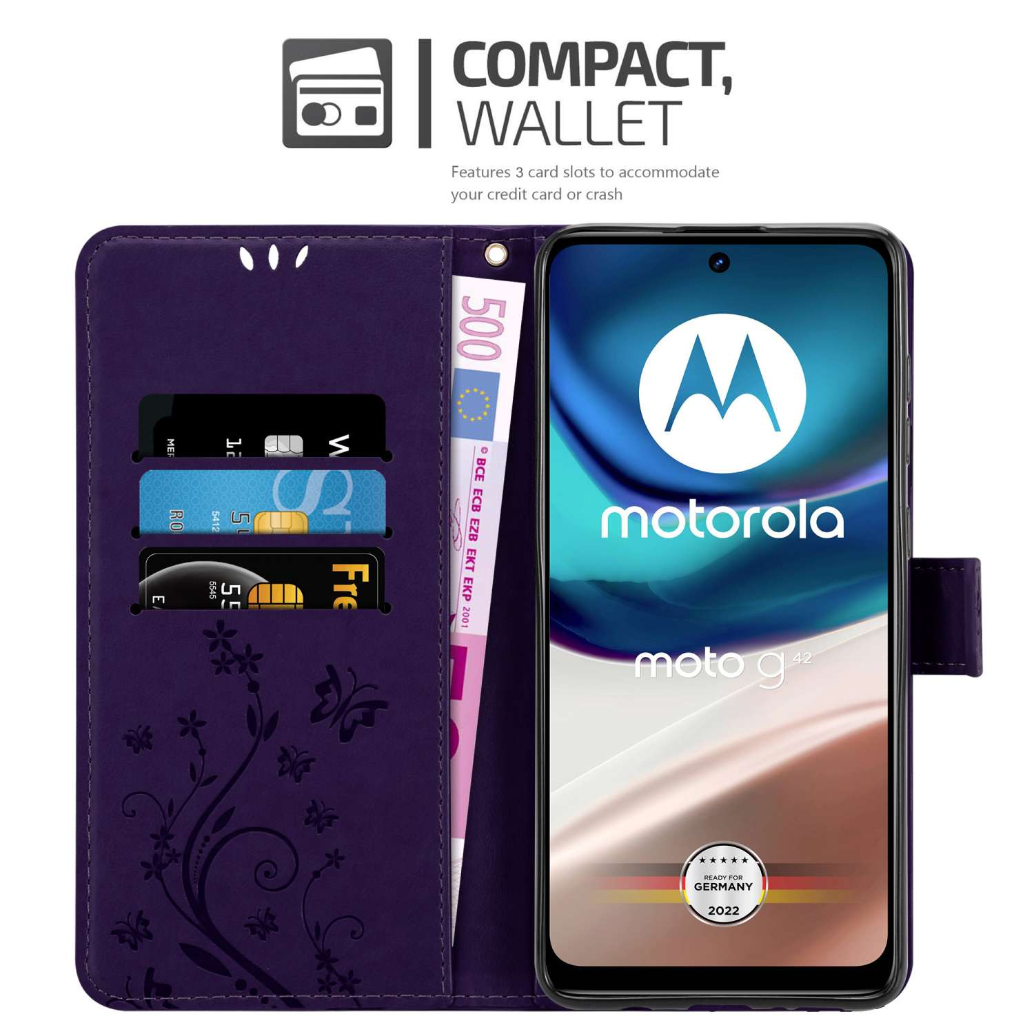 Custodia a portafoglio per telefono aperta, che mostra telefono, scomparti per carte e denaro. Testo: Compatto, portafoglio. Motorola Moto G42.