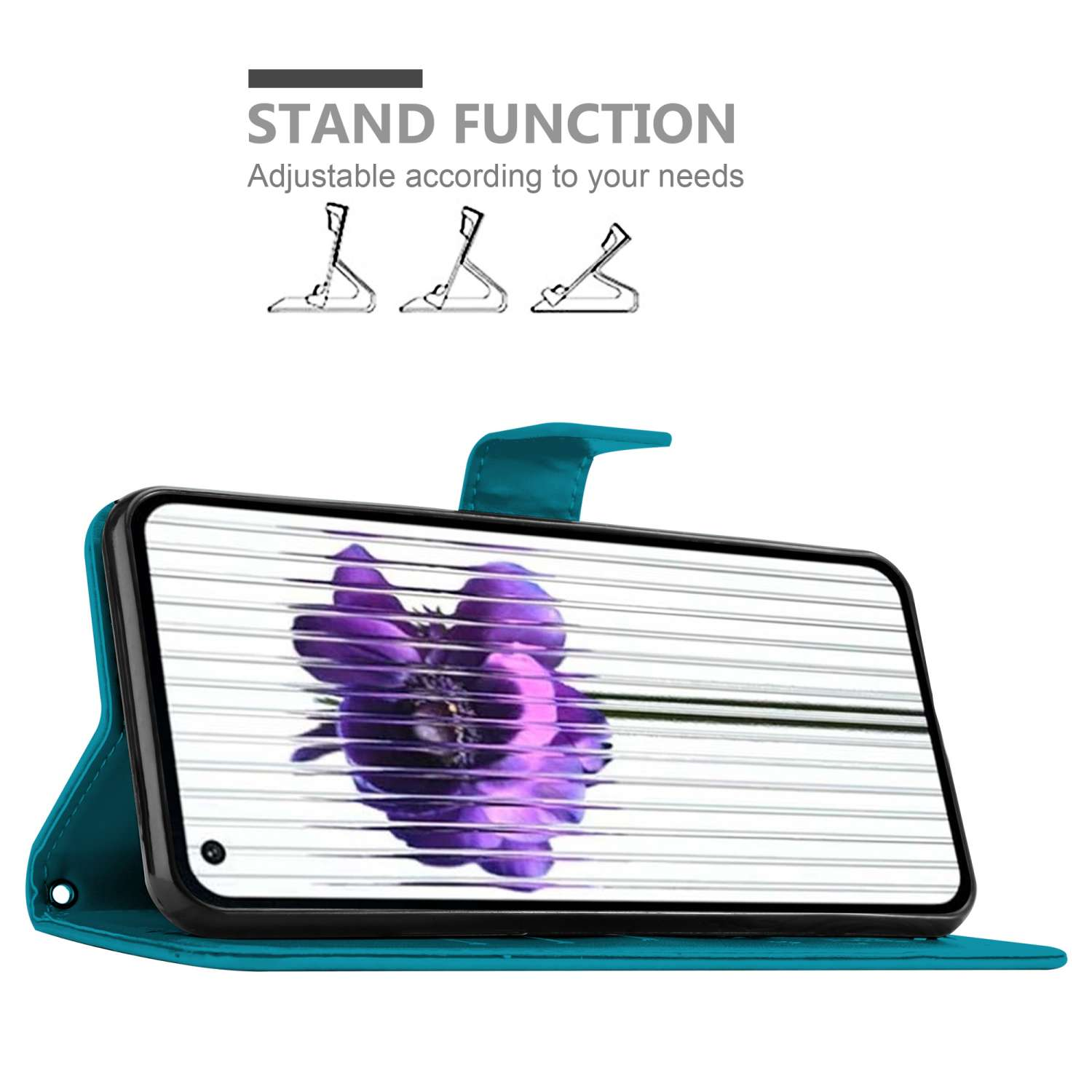 Custodia per telefono turchese con un fiore viola sullo schermo e funzione supporto mostrata.
