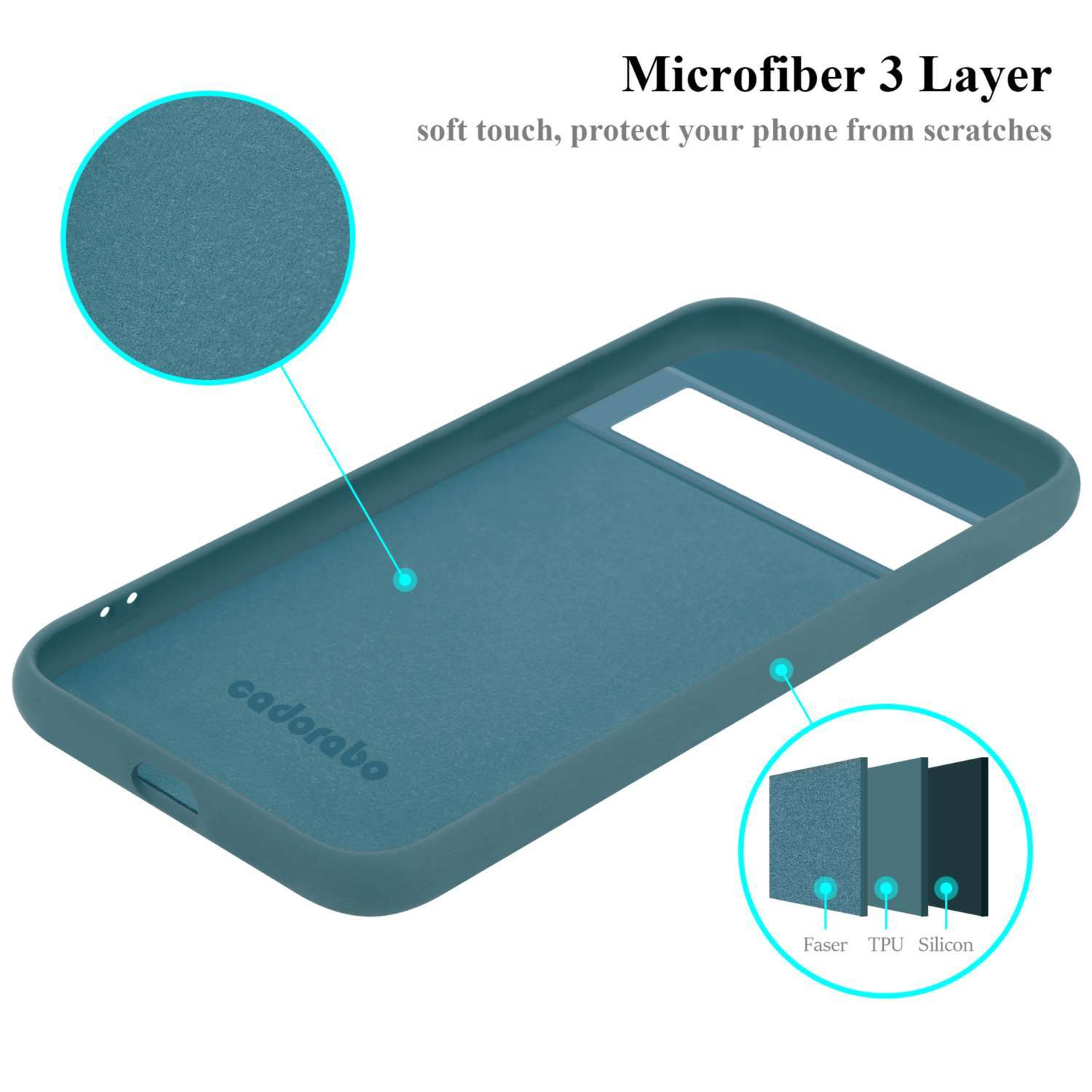 Custodia per telefono turchese con ritagli. Dettagli degli strati: Faser, TPU, Silicone. Testo: Microfibra a 3 strati.