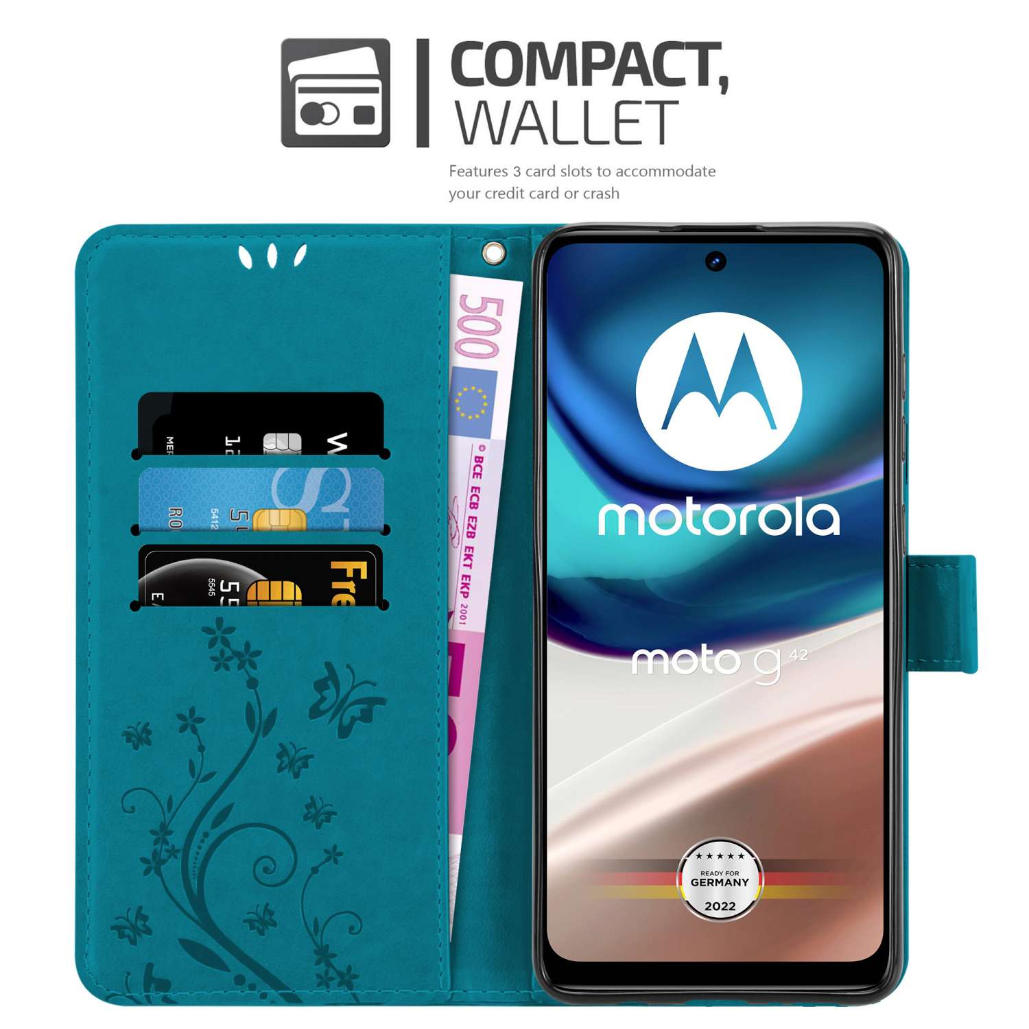 Viene mostrata una custodia per telefono verde acqua con telefono, carte e una banconota all'interno.