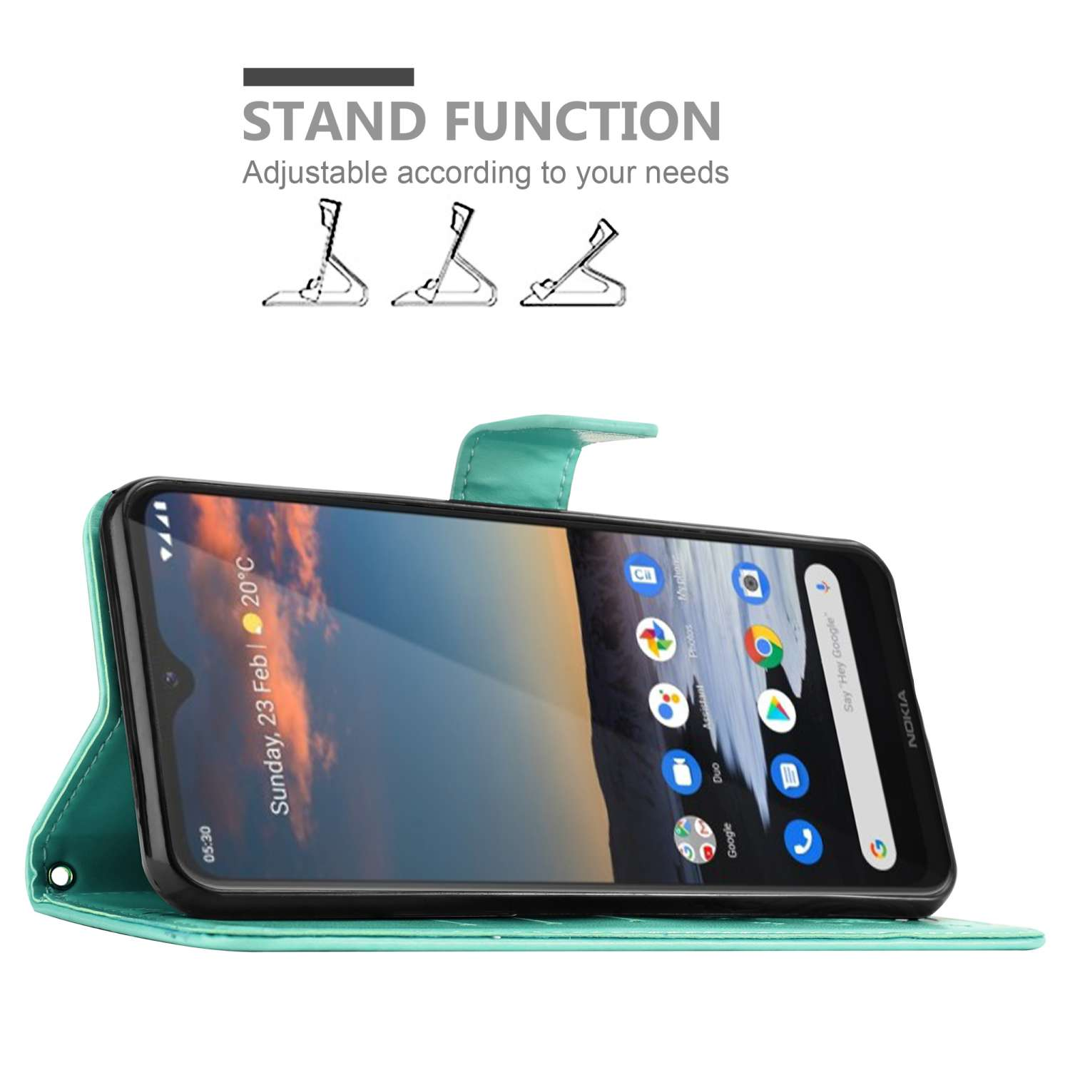 Custodia verde per telefono con telefono in posizione verticale. Mostra lo schermo acceso.