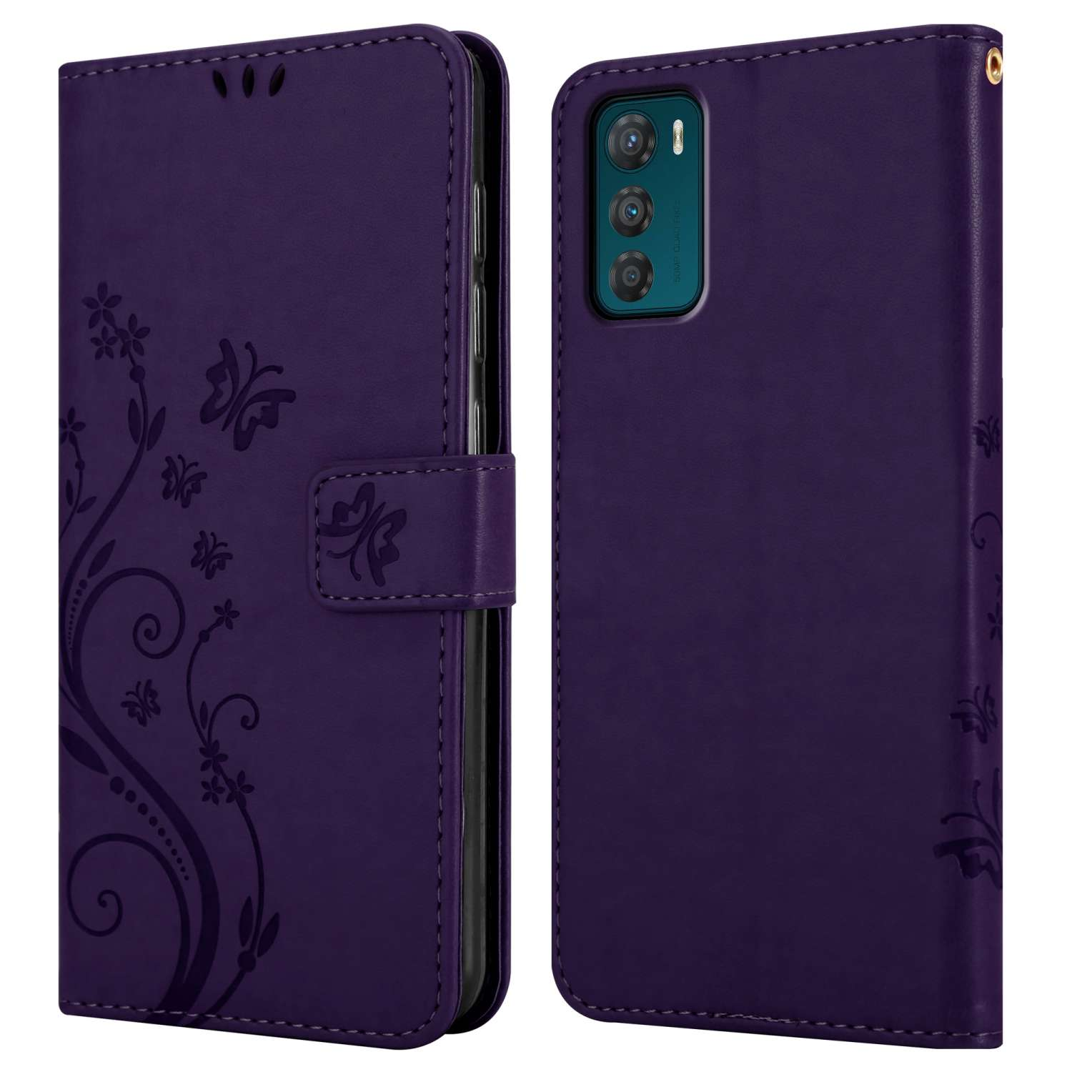 Custodia per telefono viola aperta, con design floreale e farfalle, mostra telefono e fotocamera.