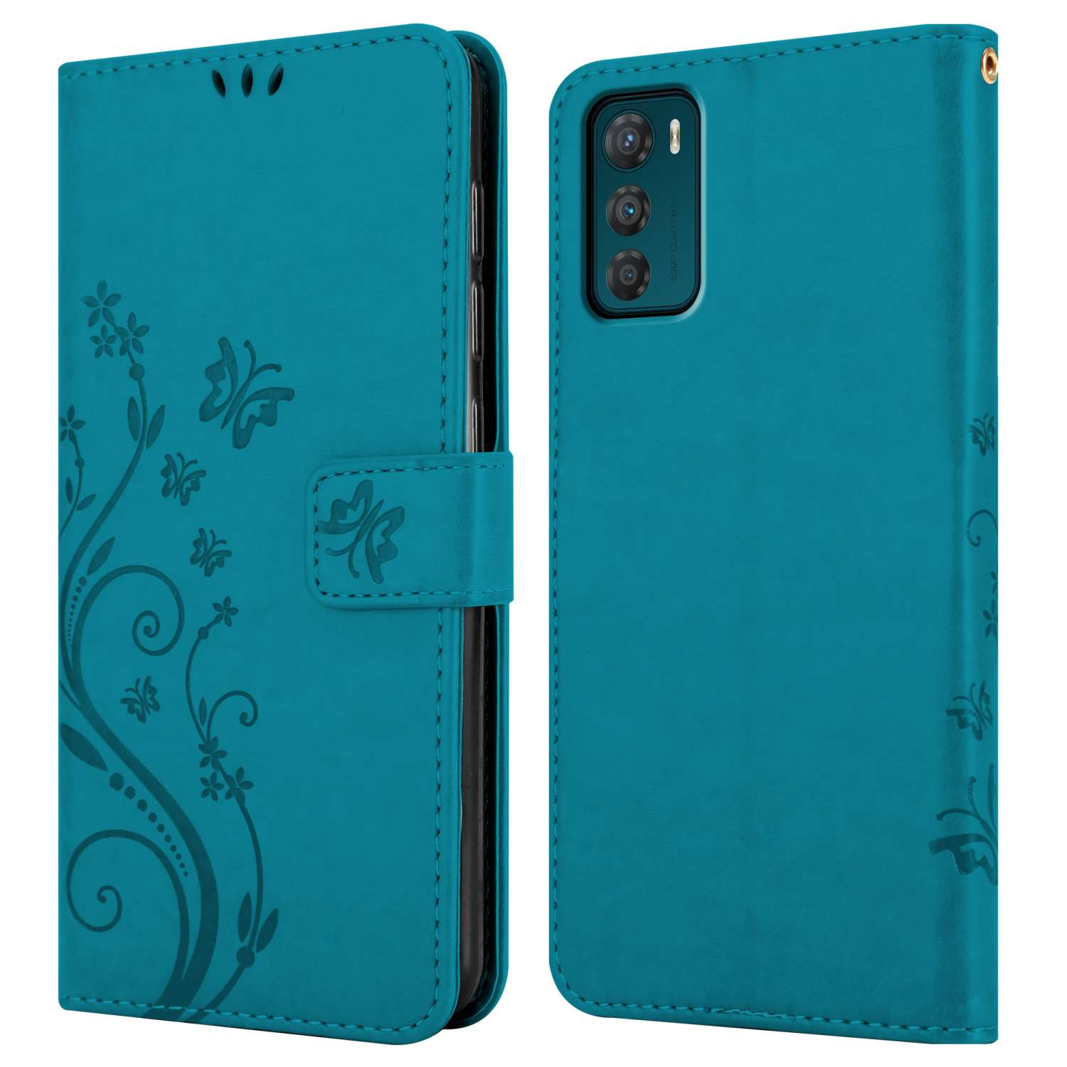 Una custodia per telefono verde acqua, aperta, con disegni floreali e a farfalla. Il retro del telefono è visibile.