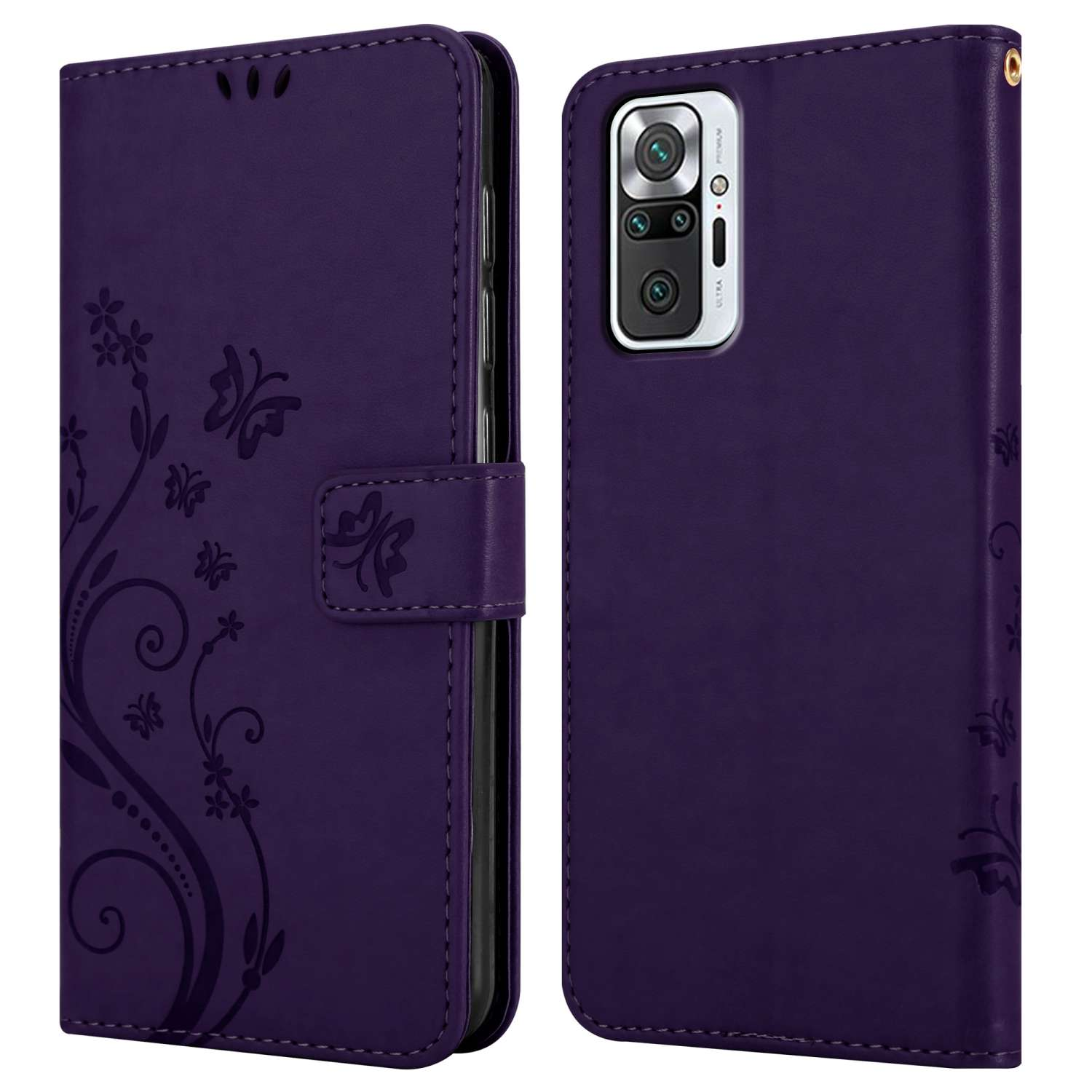 Custodia viola, aperta. Un telefono è nella custodia. Farfalle e motivi floreali visibili.